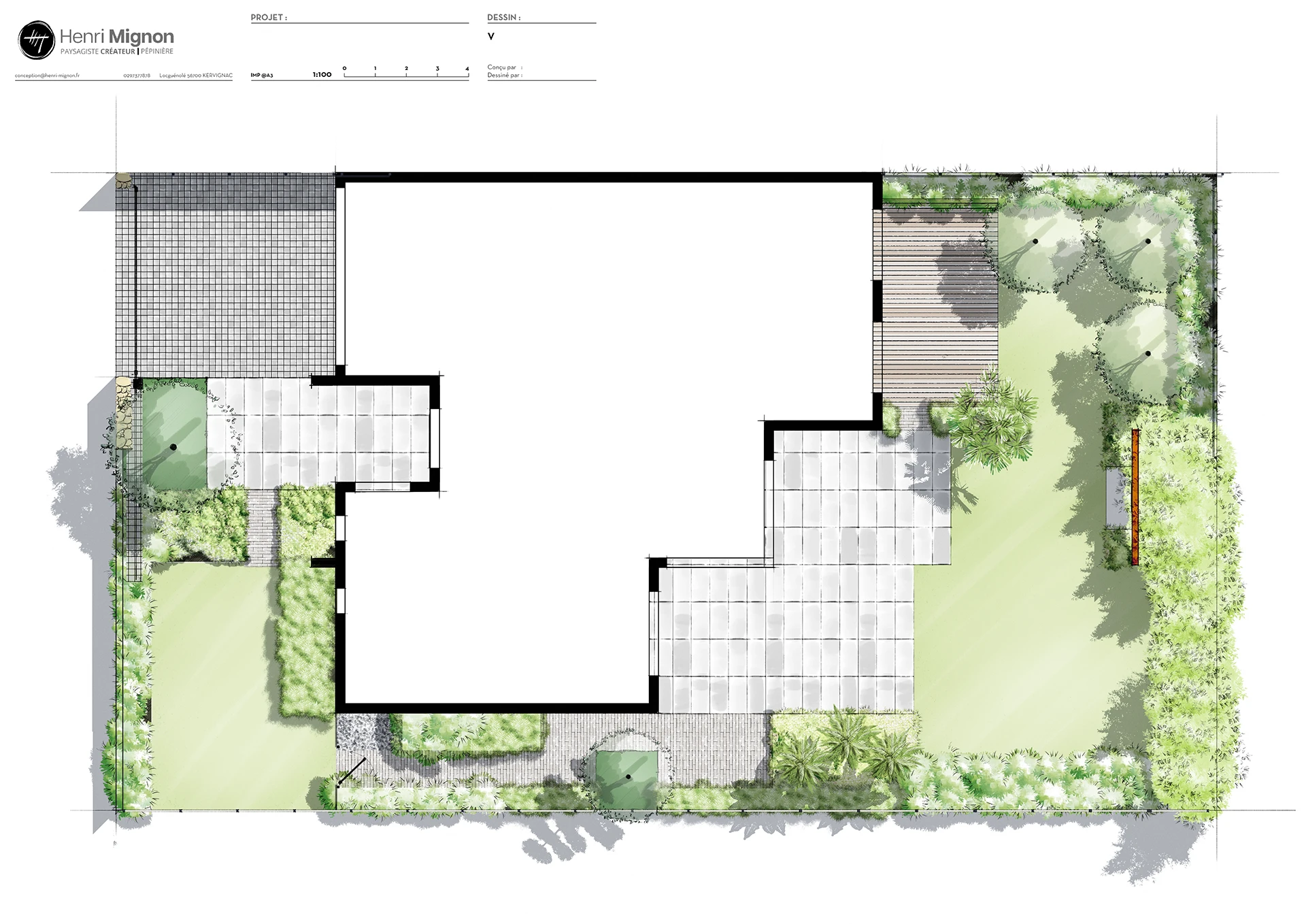 Plan du jardin conçu autour d’une maison contemporaine à Guidel-Plage, structuré par des allées, une fontaine et des massifs végétaux