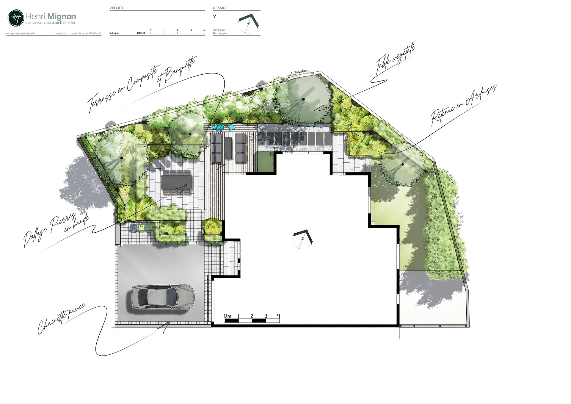 Plan de jardin moderne structuré autour de terrasses ensoleillées, d’un rideau végétal et de retenues en ardoise