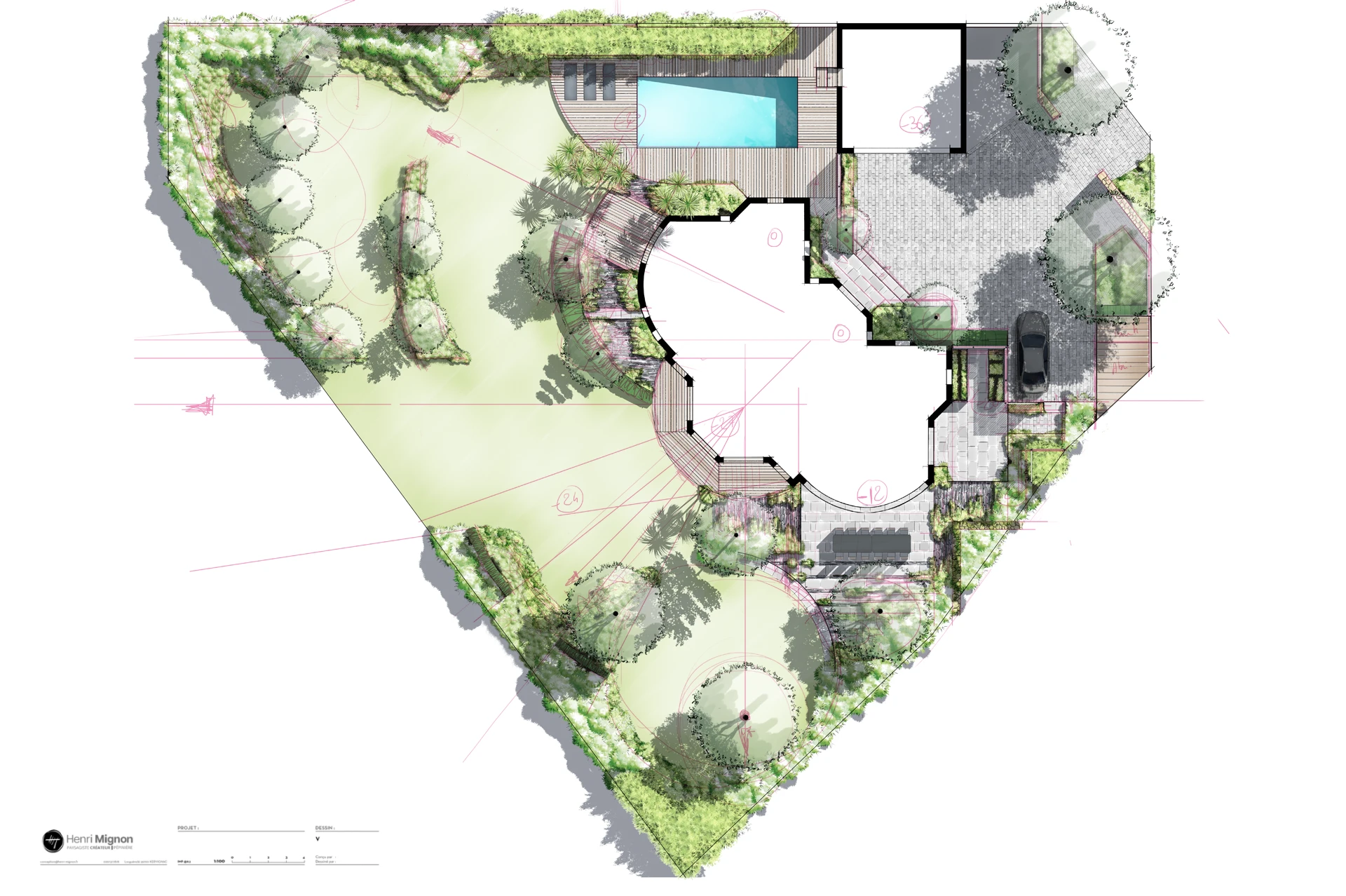 Plan de jardin conçu autour d’une maison semi-organique, structuré par des terrasses en pierre, des circulations en schiste ardoisier et des zones végétalisées à Séné, en bord de mer.