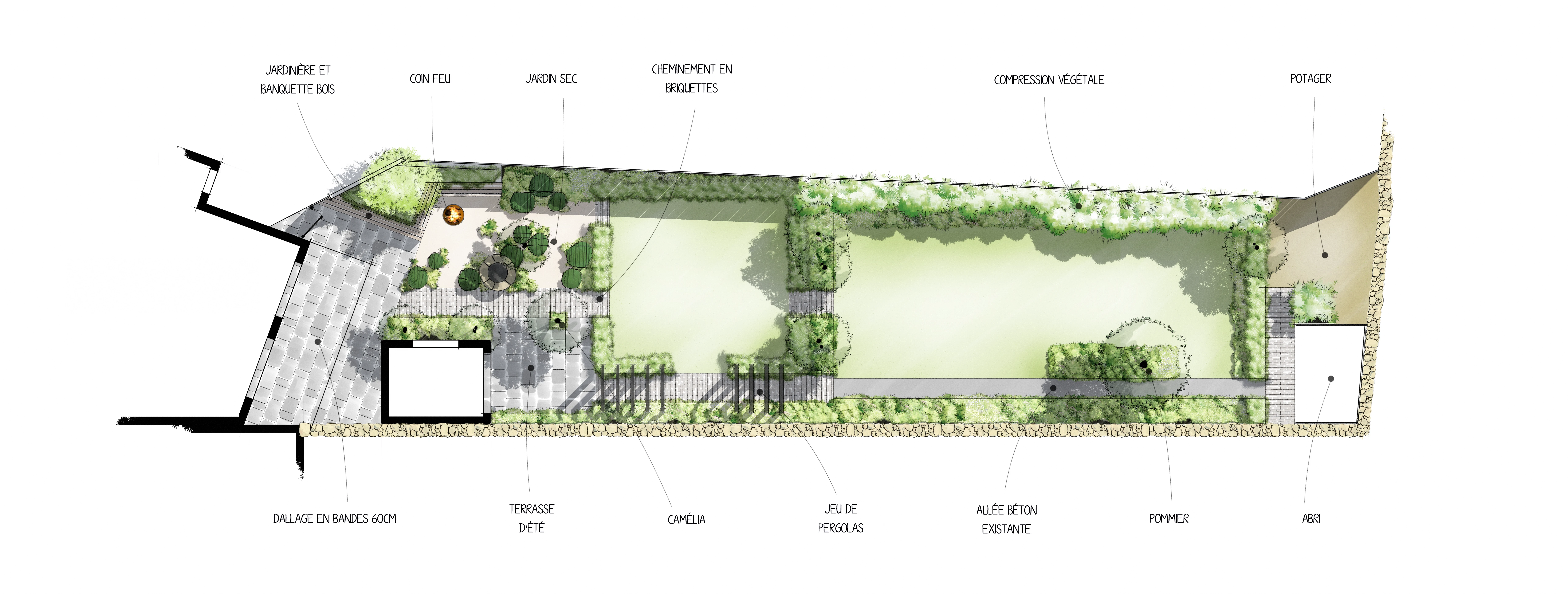 Plan de jardn tout en longueur dans cette maison de Port-Louis