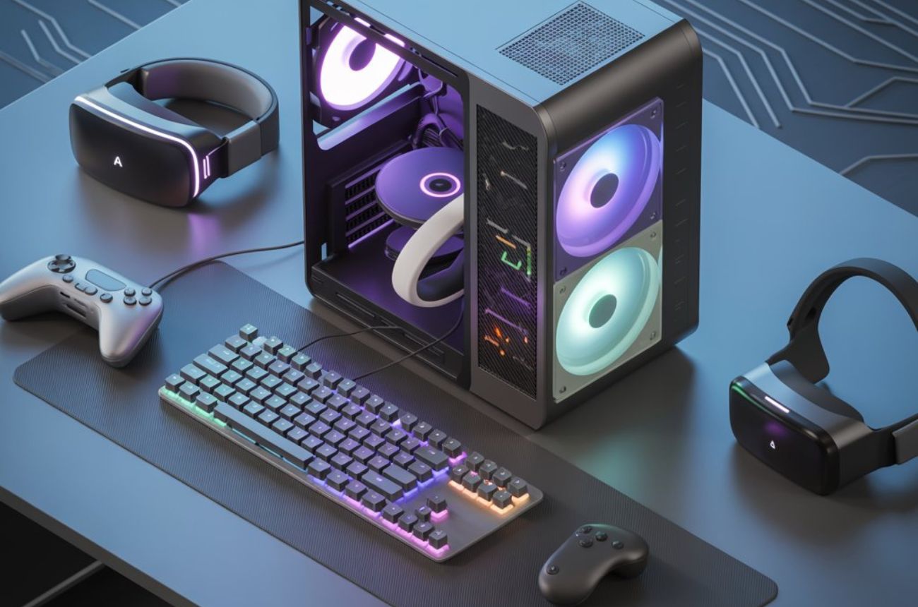 Gamer wearing VR headset and headphones while playing on dual monitors in a neon-lit gaming setup.