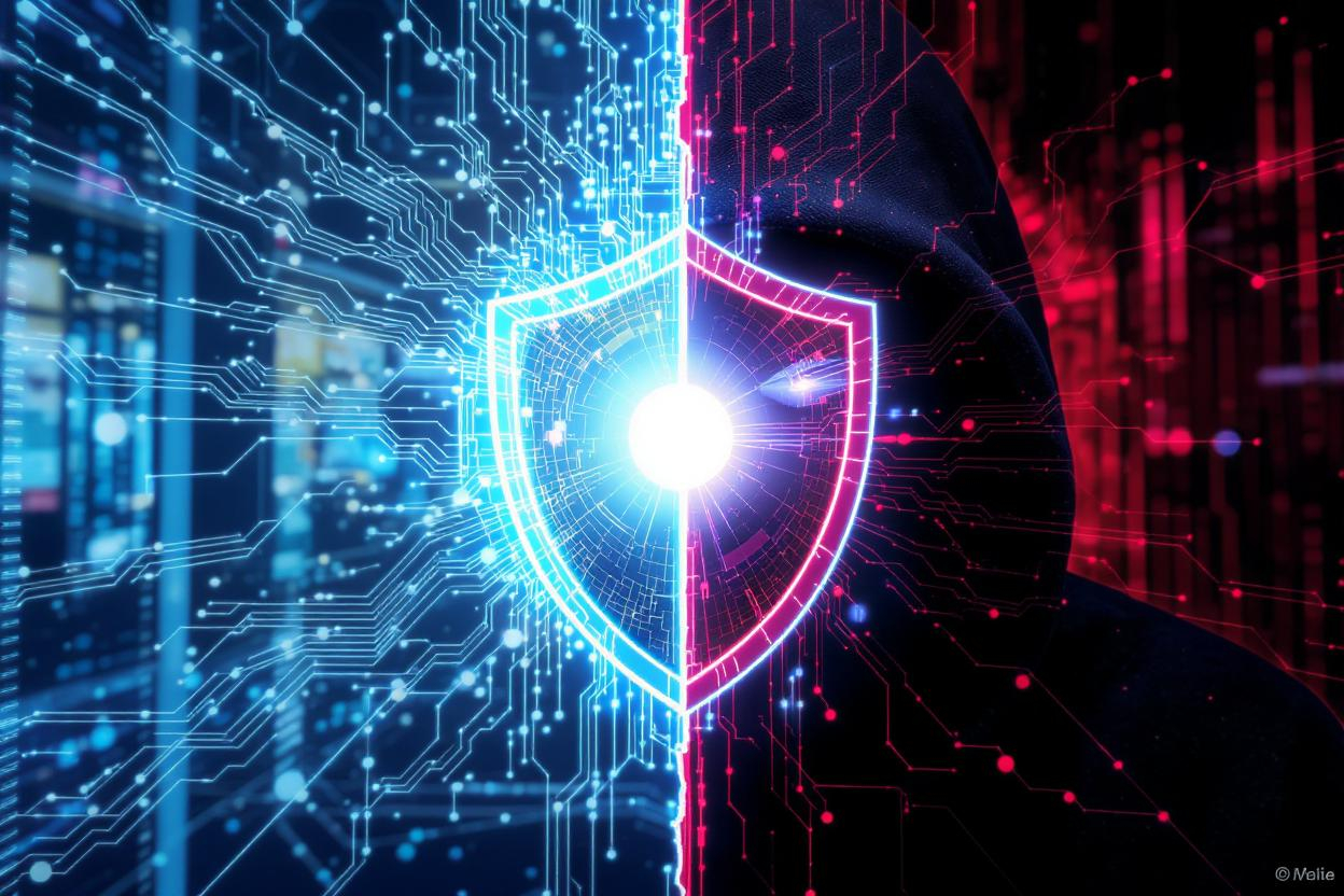Digital cybersecurity concept showing a shield between blue secure data and red hacker threats with a glowing center.