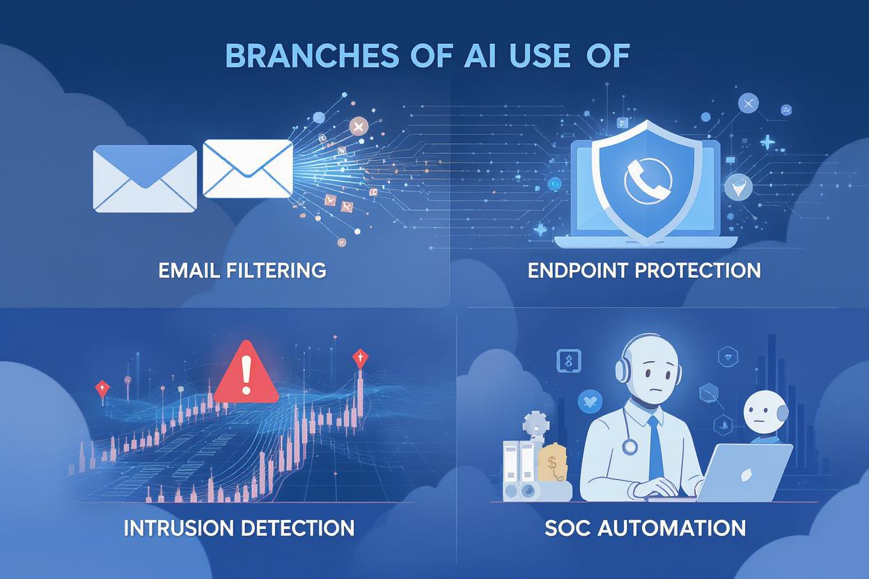 Illustration showing branches of AI in cybersecurity: email filtering, endpoint protection, intrusion detection, SOC automation.