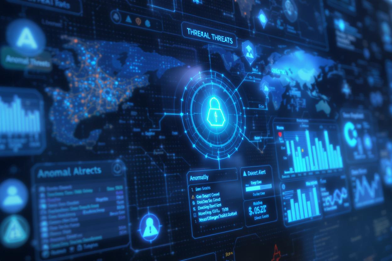 Global cybersecurity dashboard showing threat alerts, anomaly detection, and digital security analytics in real time.