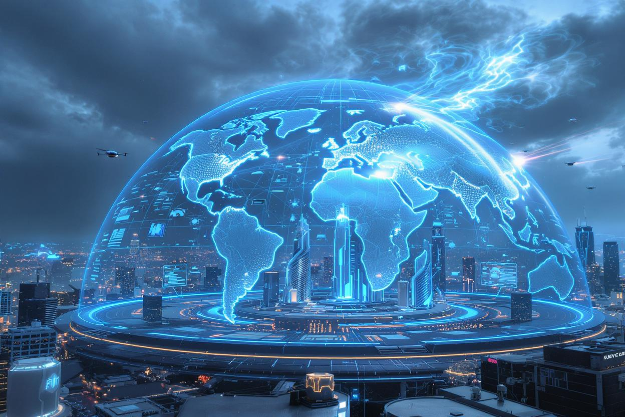 Futuristic city with a glowing digital world map dome representing global cybersecurity and AI-powered protection systems.