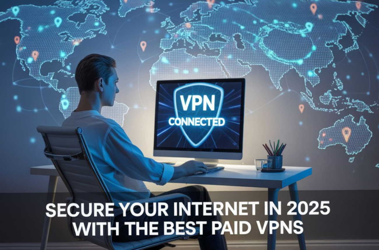 VPN connected on phone and laptop with digital shield, streaming apps, and privacy locks displayed on screen.