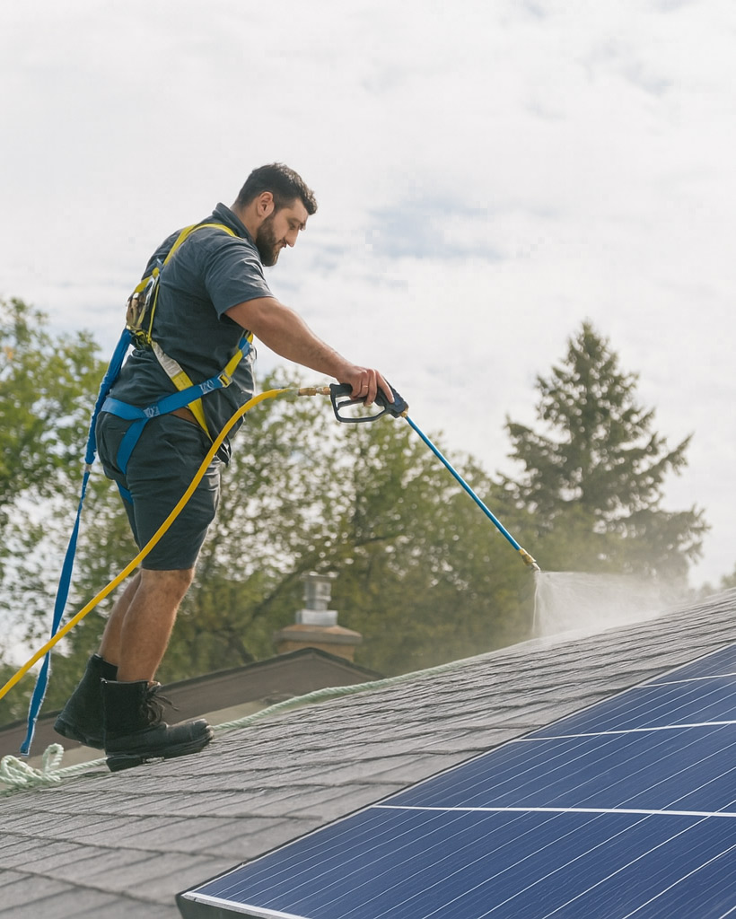 Man spraying a roof with shingle preservation fluid for roof rejuvenation.
