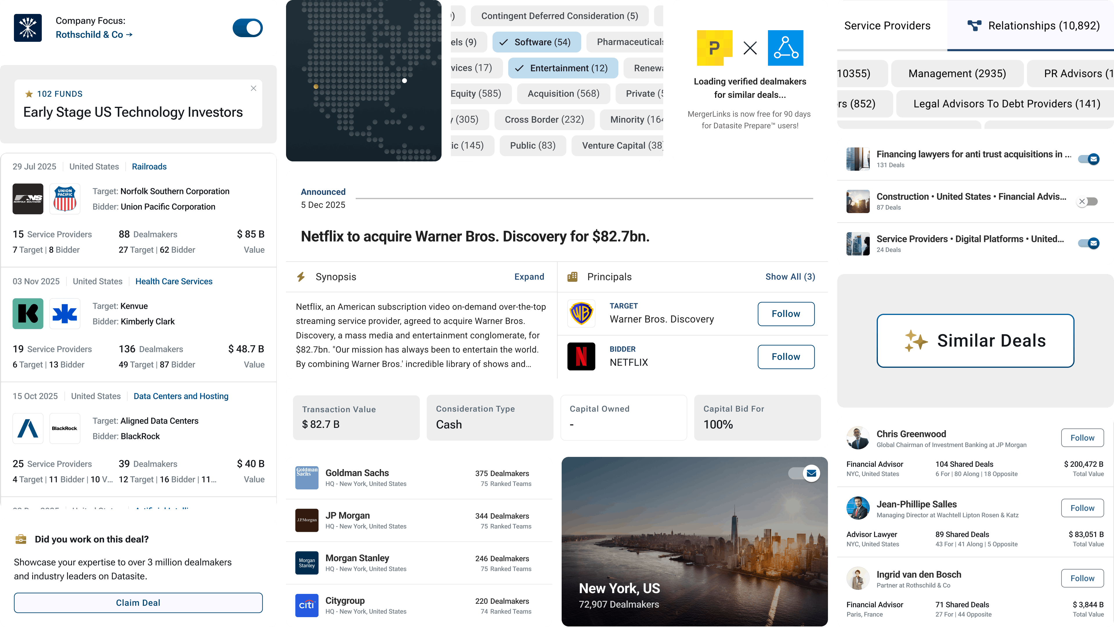 Dashboard showing Netflix's $82.7 billion acquisition of Warner Bros. Discovery with deal details, service providers, dealmakers, and key financial advisors.