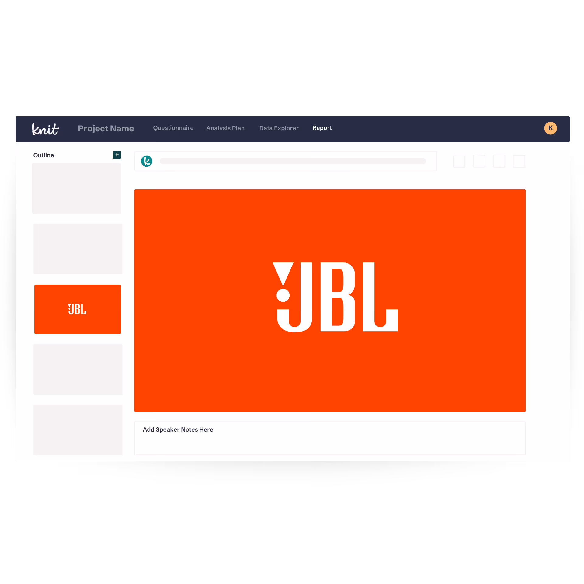 Web interface of Knit software showing a project report with a bright orange slide displaying the JBL logo in white.
