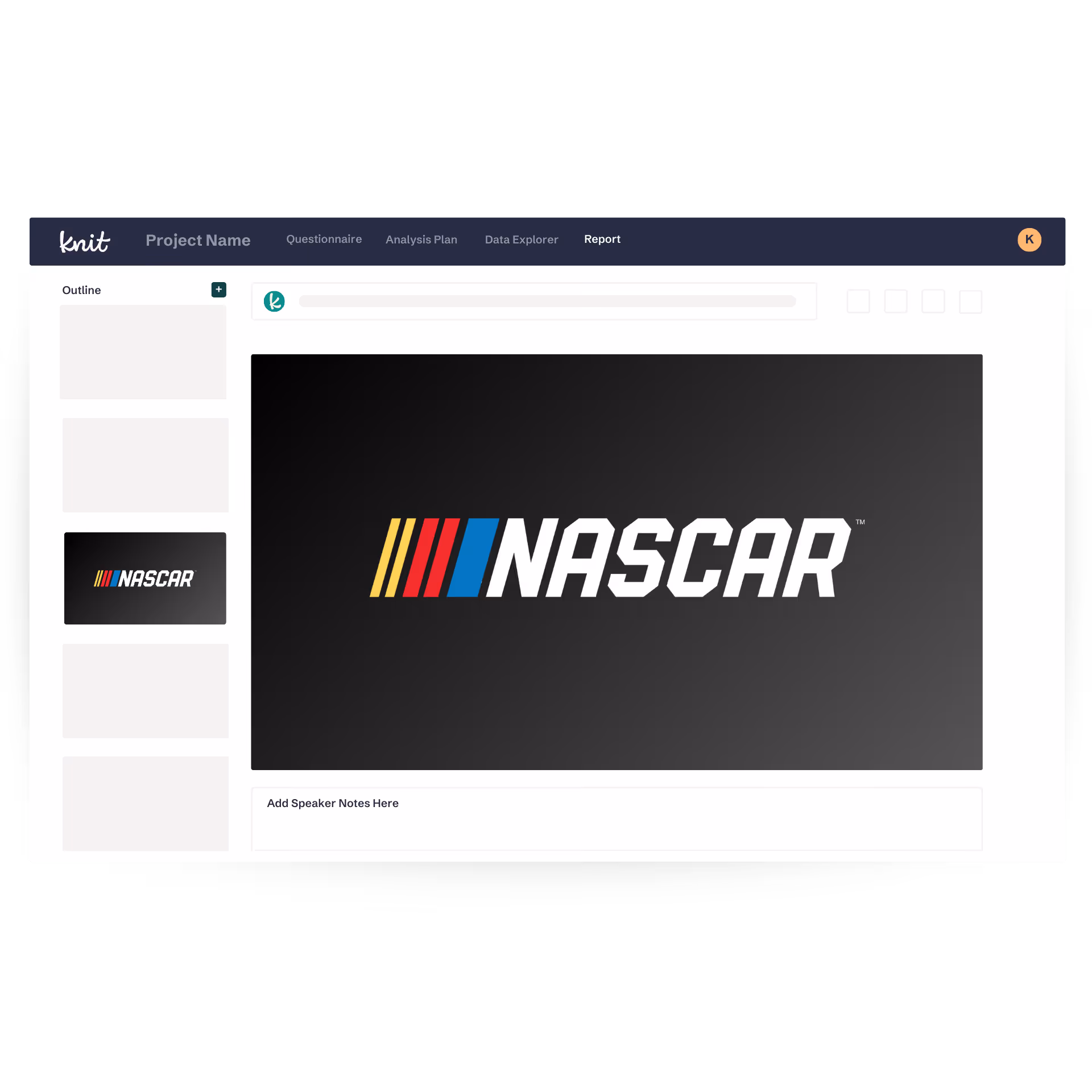 Computer screen showing a digital presentation slide with the NASCAR logo featuring three colored stripes in yellow, red, and blue next to bold white text on a dark background.