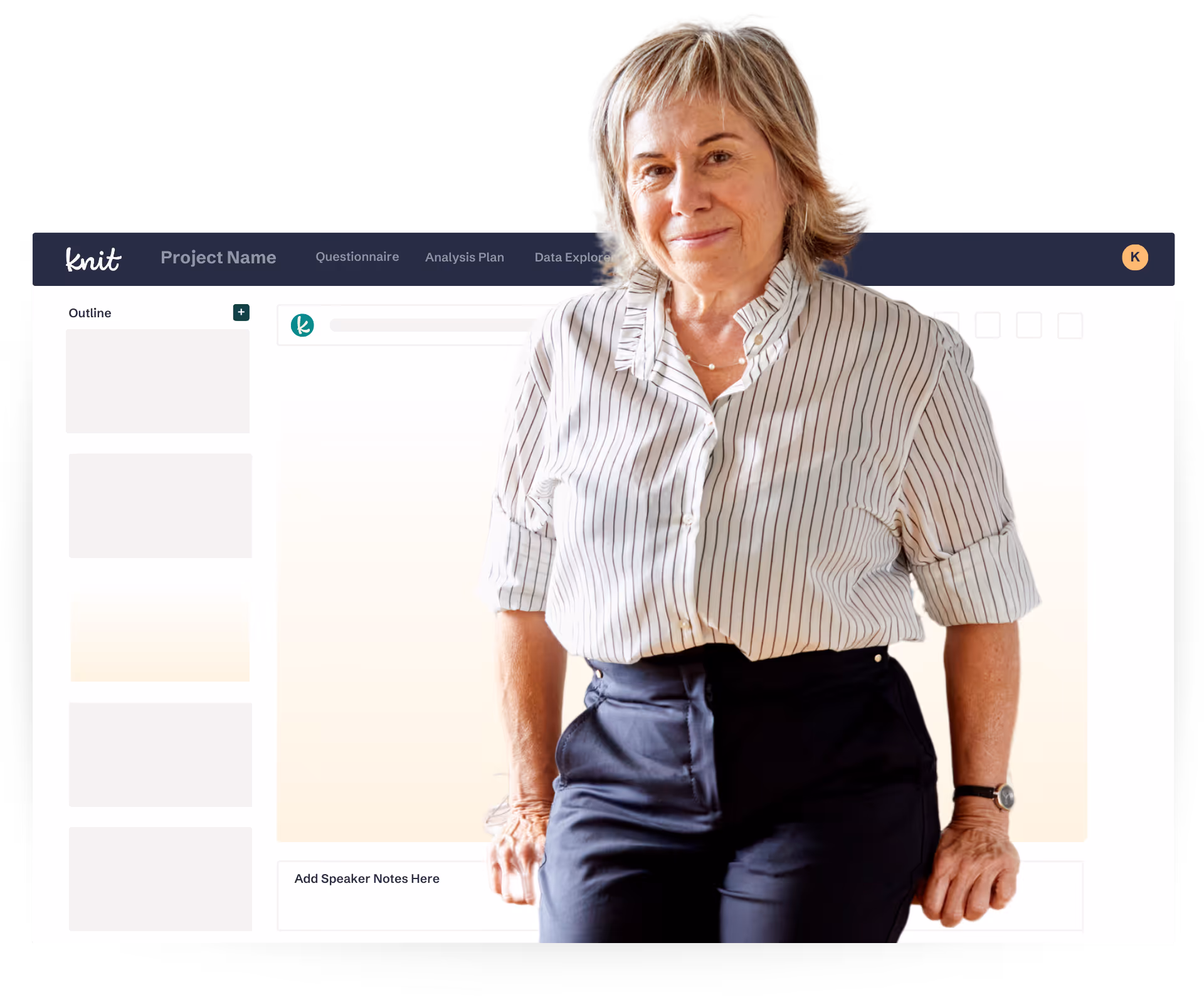 A middle-aged woman in a white striped blouse and dark pants stands in front of a computer interface displaying a project management platform called Knit.