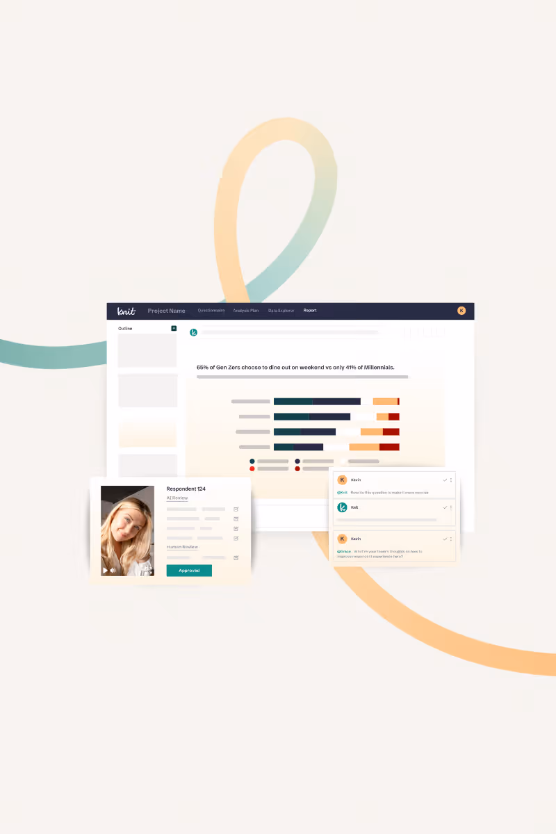 Dashboard interface showing a report with a bar chart, a video portrait of a respondent labeled Approved, and a chat box with team comments.
