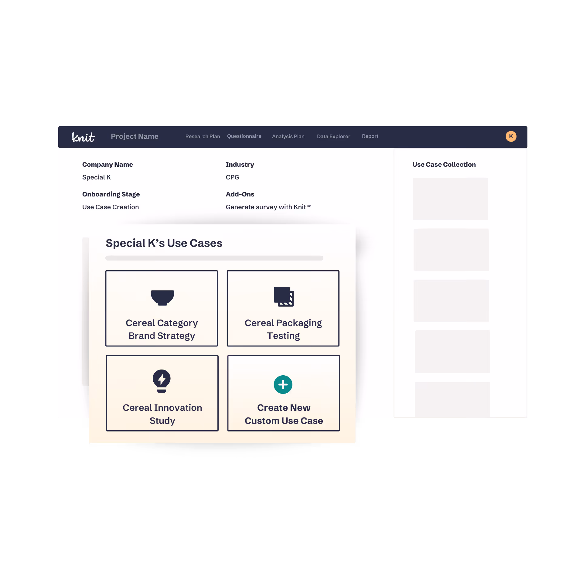 User interface showing Special K’s use cases including Cereal Category Brand Strategy, Cereal Packaging Testing, Cereal Innovation Study, and an option to Create New Custom Use Case.
