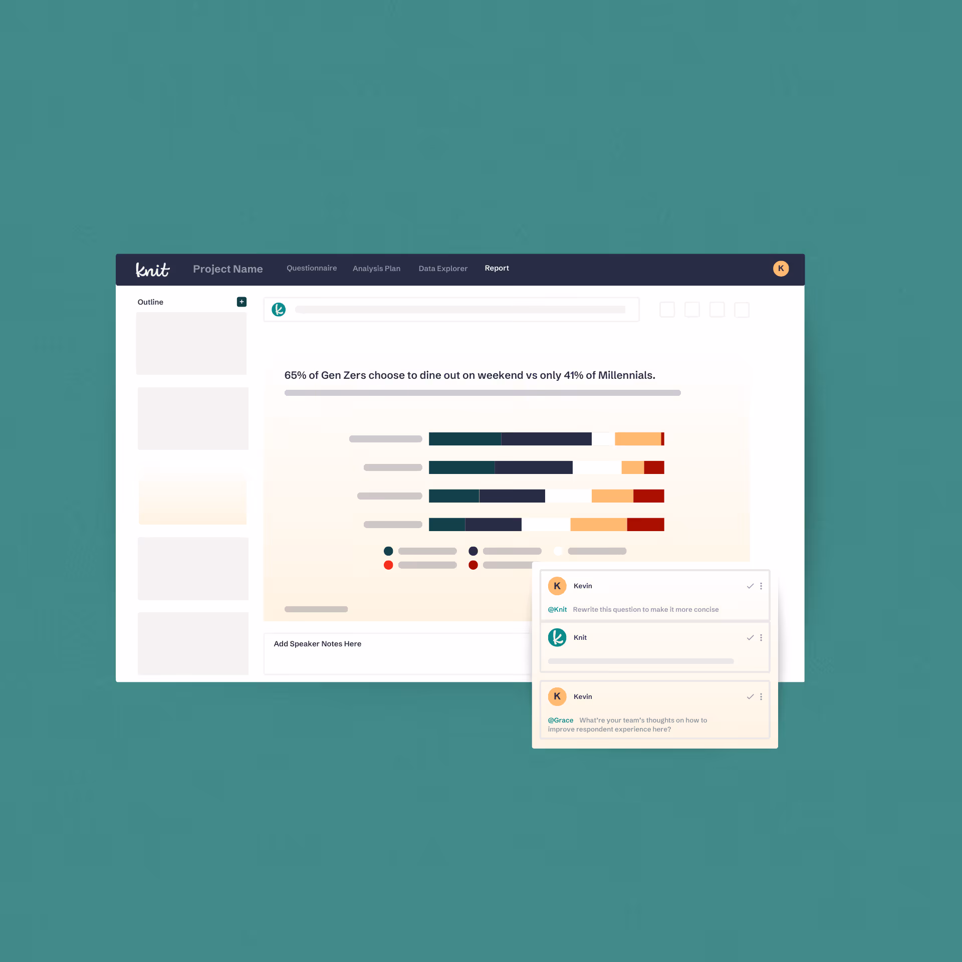Dashboard showing a bar chart comparing weekend dining choices between Gen Zers and Millennials with comment boxes for collaboration.