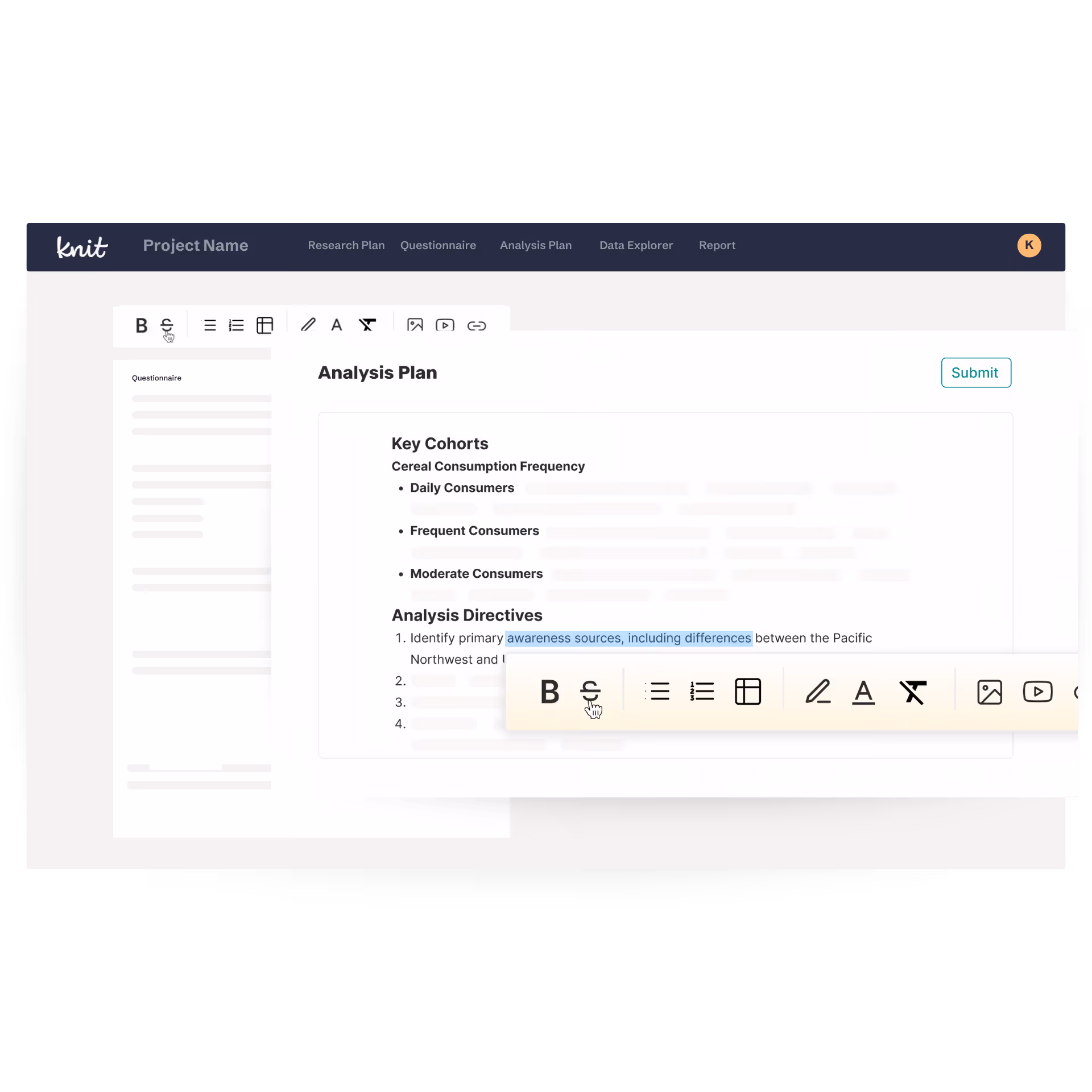 Screenshot of a web application named Knit showing an analysis plan with key cohorts on cereal consumption frequency and partial text editing toolbar.