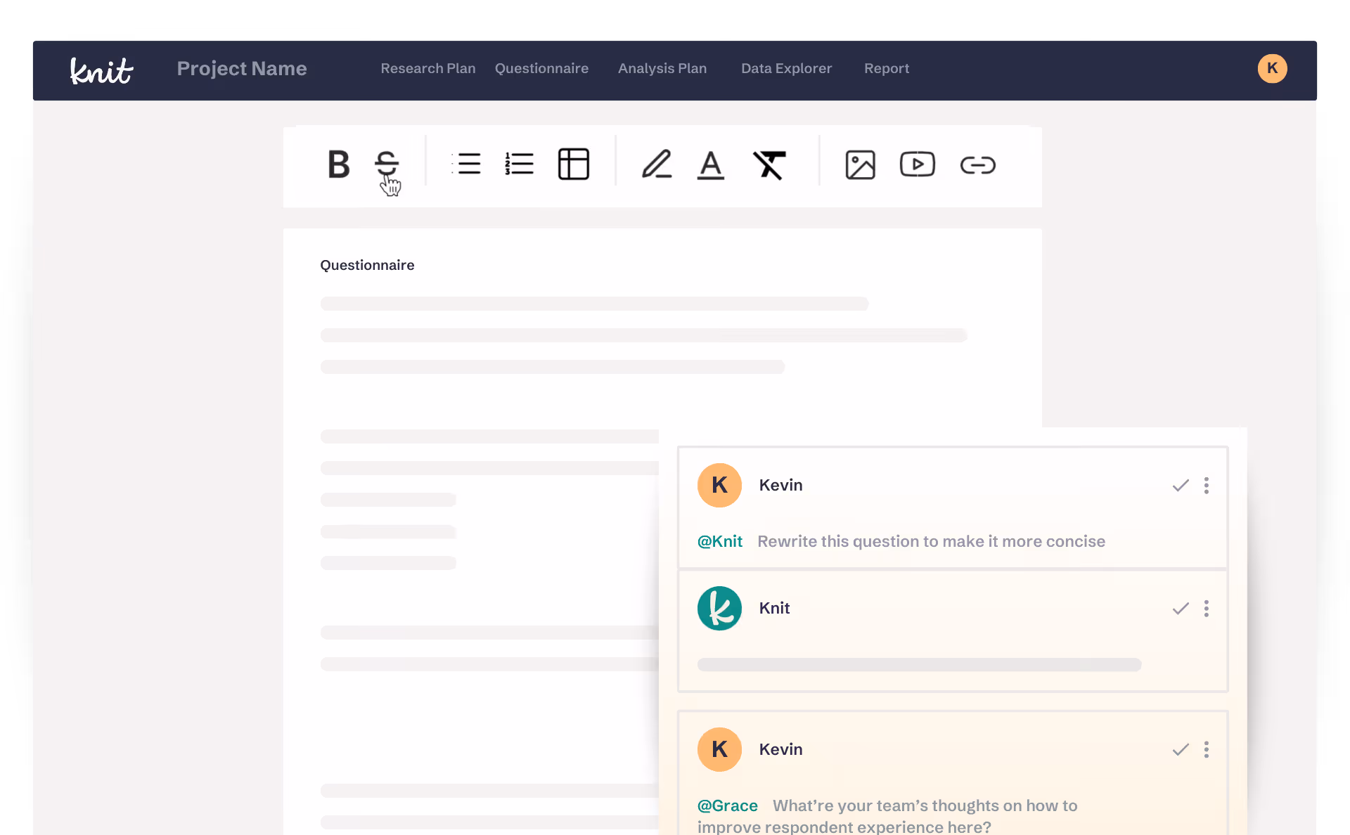 User interface of a questionnaire editing tool named Knit with toolbar icons for formatting and media insertion, showing comments by users Kevin and Knit discussing question refinement.