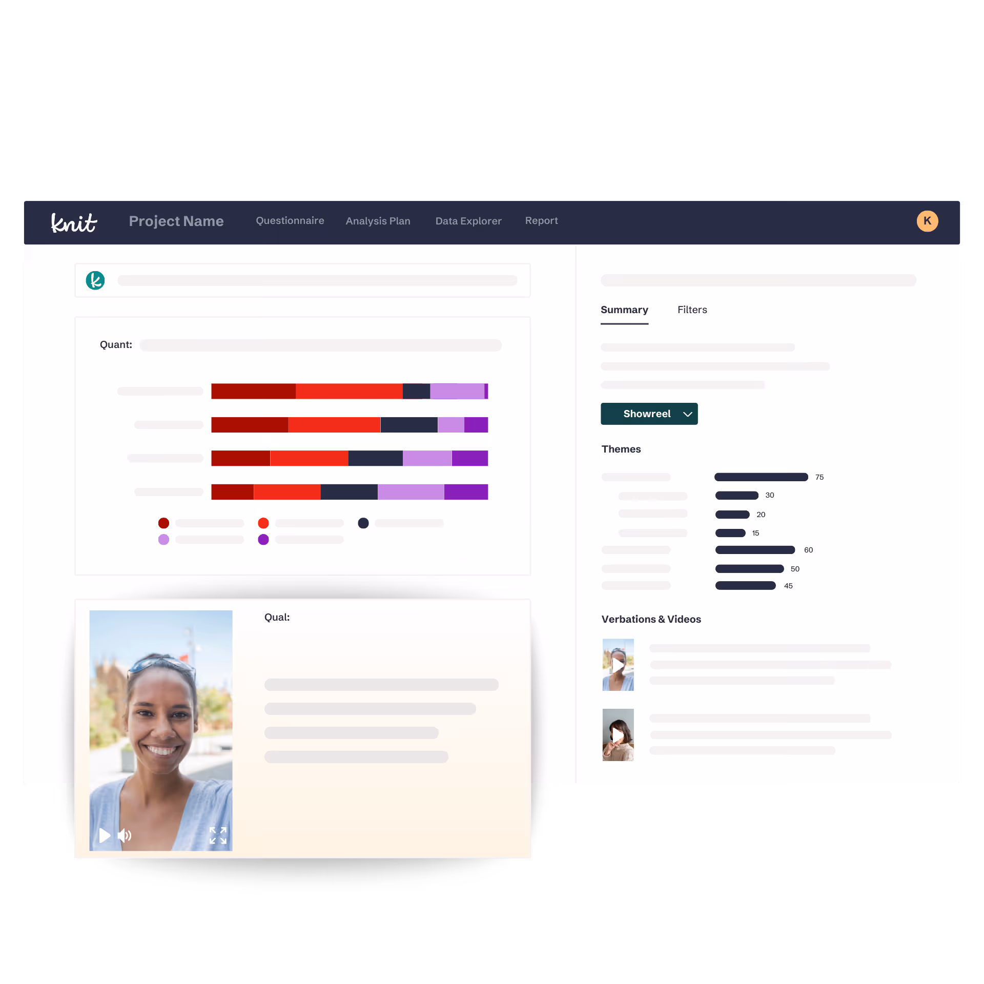 Dashboard interface showing project data with a horizontal bar chart and a video thumbnail of a smiling woman in a gray top.