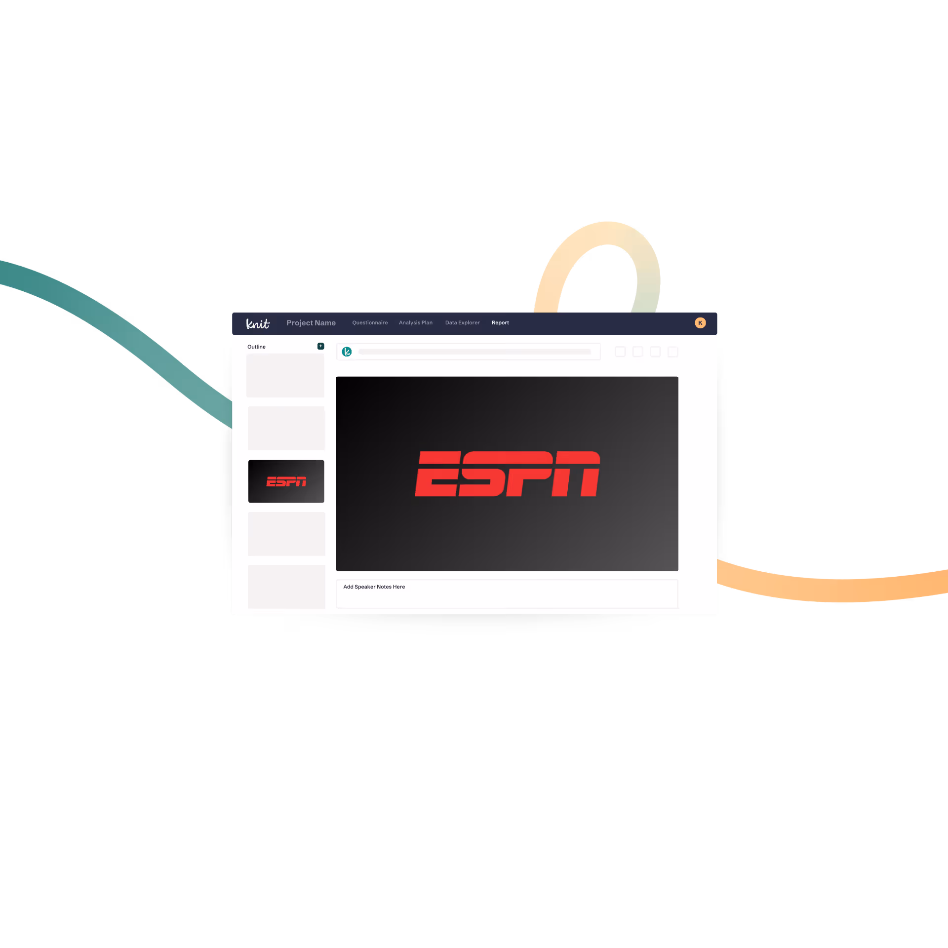 Computer screen displaying a report editor with ESPN logo in red on a dark background.