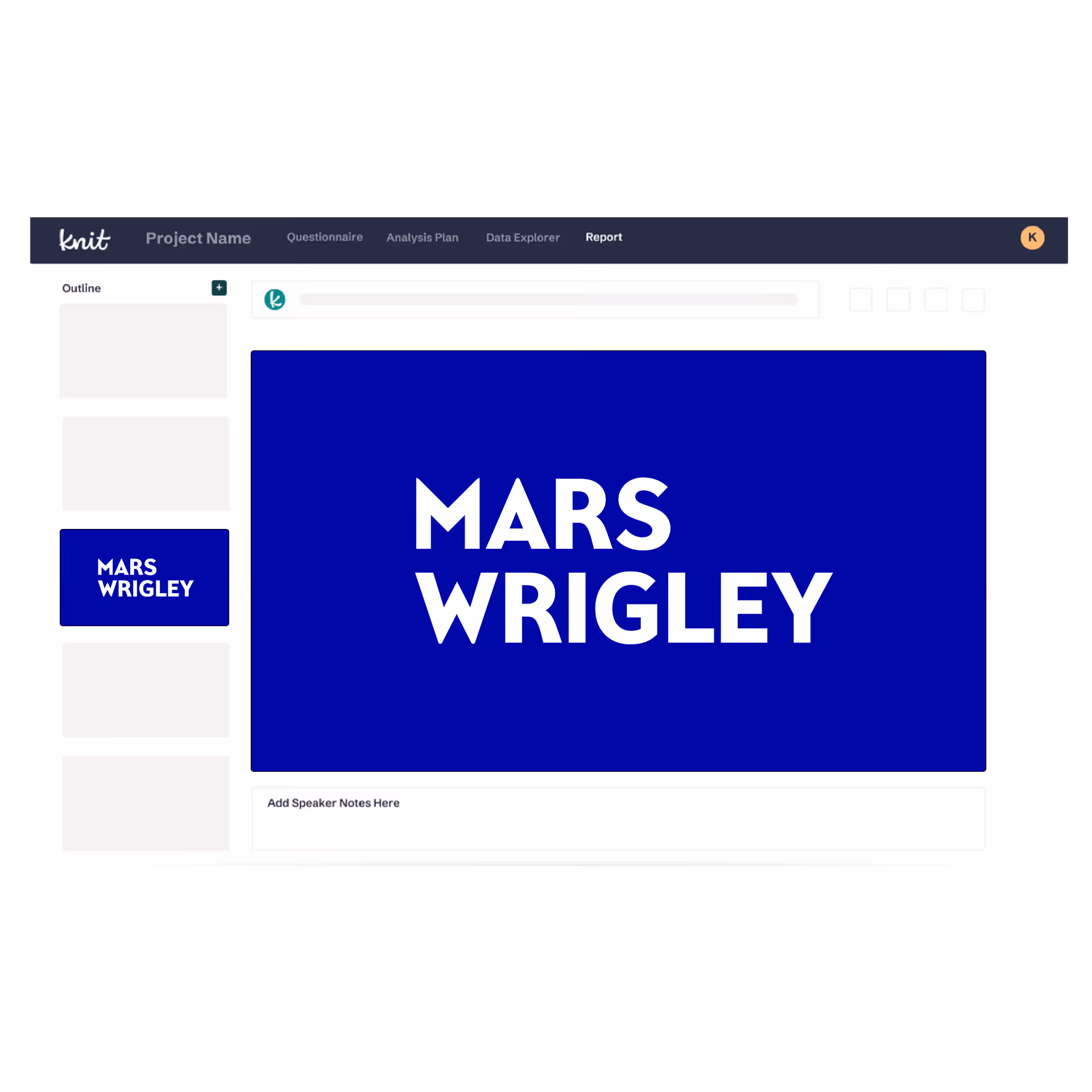 Presentation slide editor interface showing a slide titled 'MARS WRIGLEY' in bold white letters on a blue background.