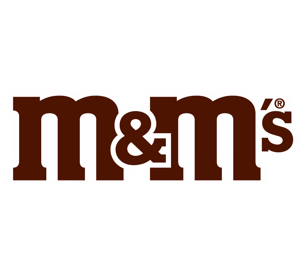 M&M's chocolate candy logo in brown text with registered trademark symbol.