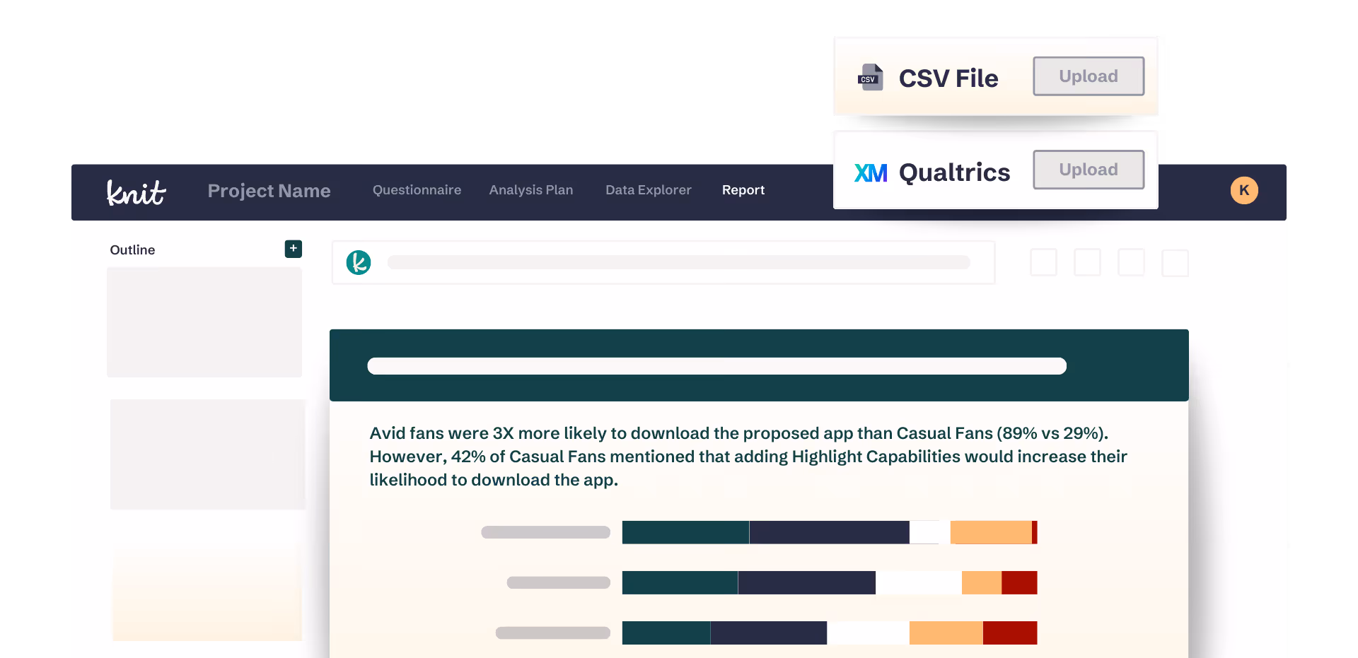 Dashboard screen from Knit showing a report with a comparison graph stating avid fans are 3 times more likely to download an app than casual fans, with upload options for CSV file and Qualtrics data.