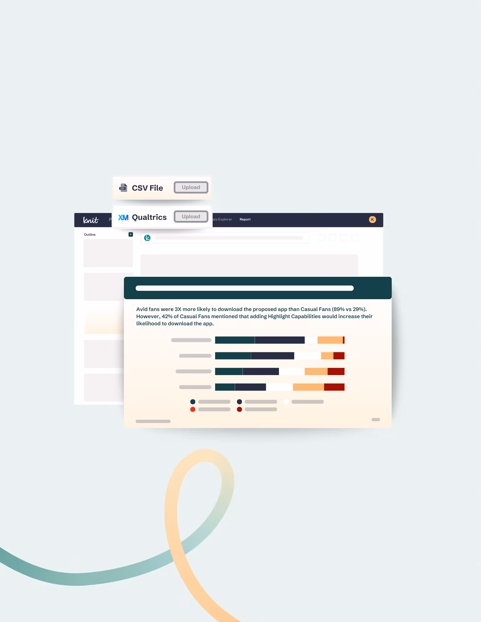 User interface showing options to upload CSV file or Qualtrics data and a report comparing app download likelihood between Avid and Casual Fans with bar charts.