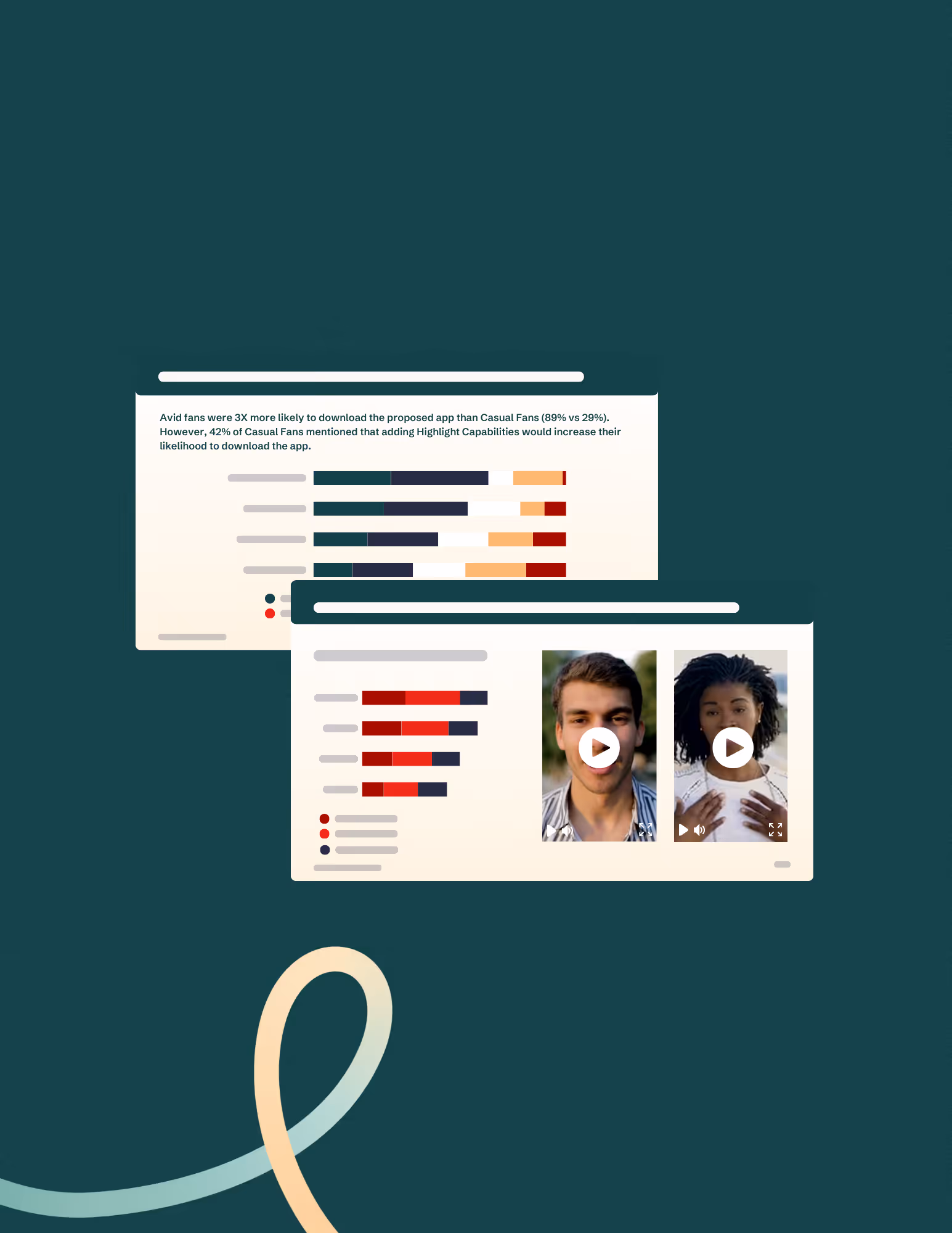 Two overlapping data report windows on a dark teal background; the top window shows a bar chart and text about avid and casual fans downloading an app, the bottom window displays a bar chart next to two video thumbnails with play buttons showing a man and a woman.