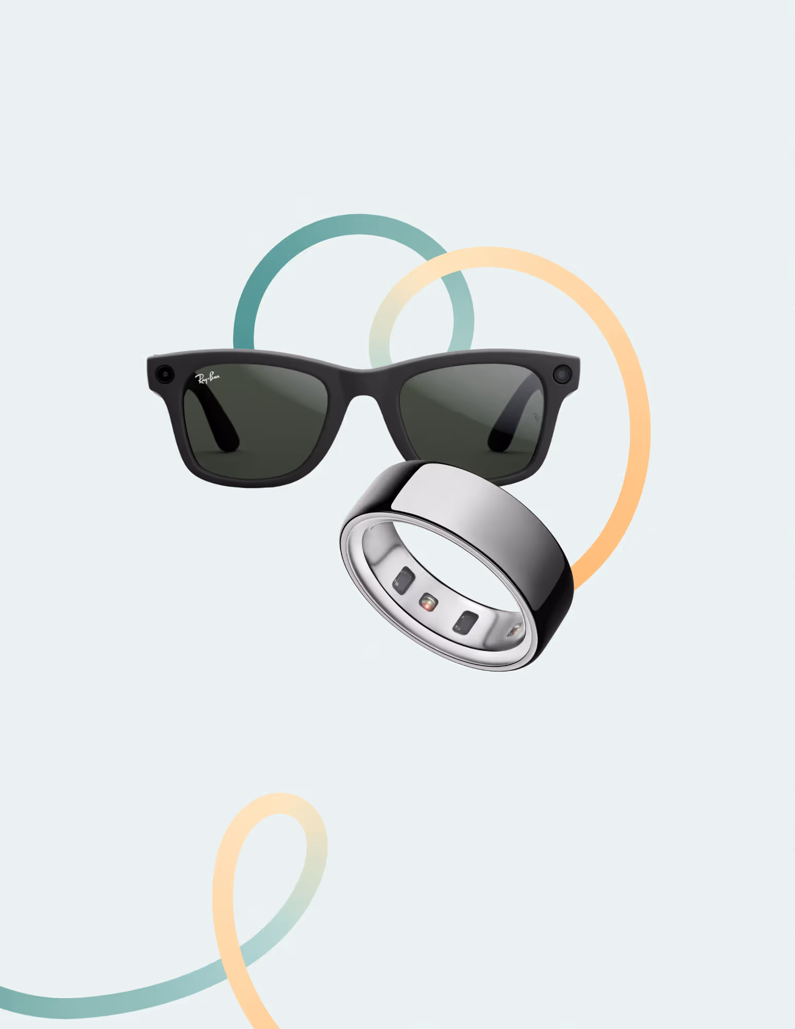 Black Ray-Ban sunglasses paired with a silver smart ring displaying internal sensors on a pale background with decorative looping lines.