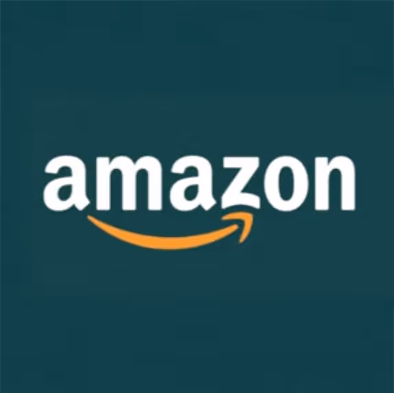 Amazon logo with white text and an orange curved arrow forming a smile.