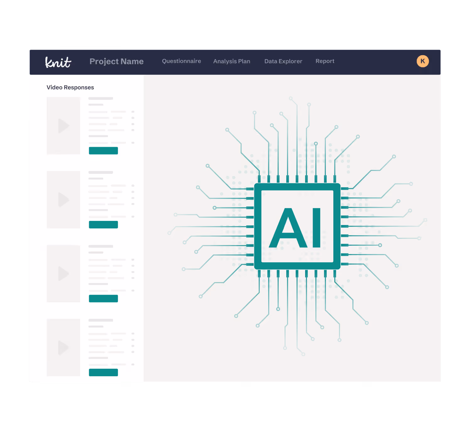 User interface of a project dashboard showing video responses on the left and a central graphic of an AI chip with circuit lines extending outward.