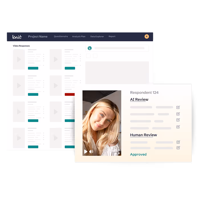 User interface showing video responses with a highlighted review panel displaying a woman's video and checklists for AI and human review, marked approved.