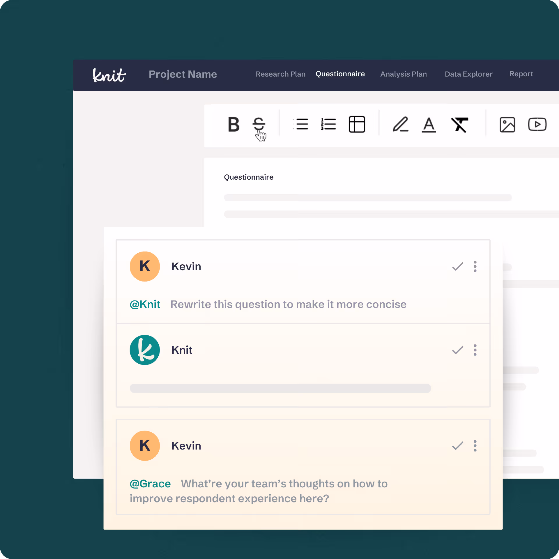User interface of Knit software displaying a questionnaire section with comments from users Kevin and Knit, including questions about making a question more concise and improving respondent experience.