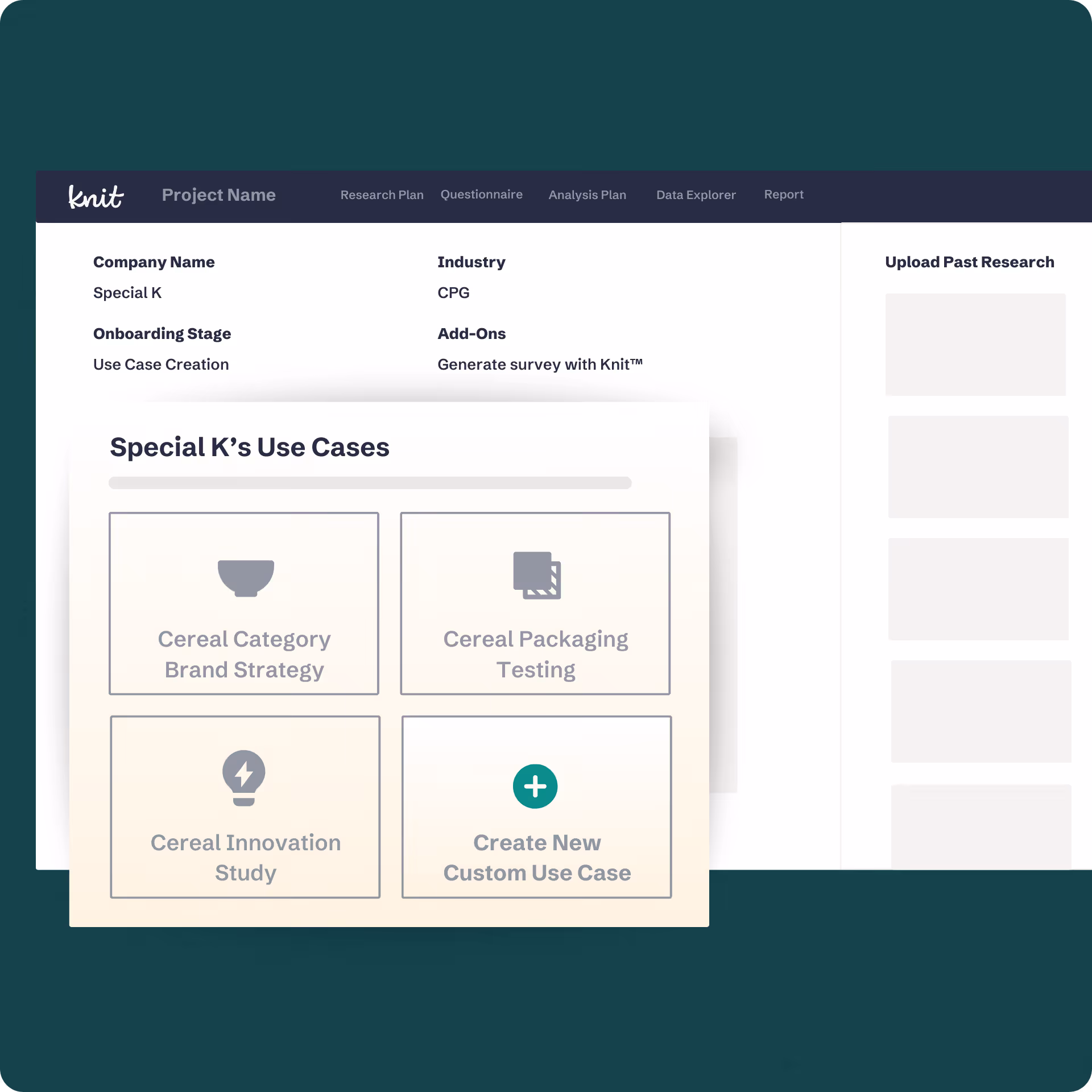 Knit project interface showing Special K use cases: Cereal Category Brand Strategy, Cereal Packaging Testing, Cereal Innovation Study, and Create New Custom Use Case option.