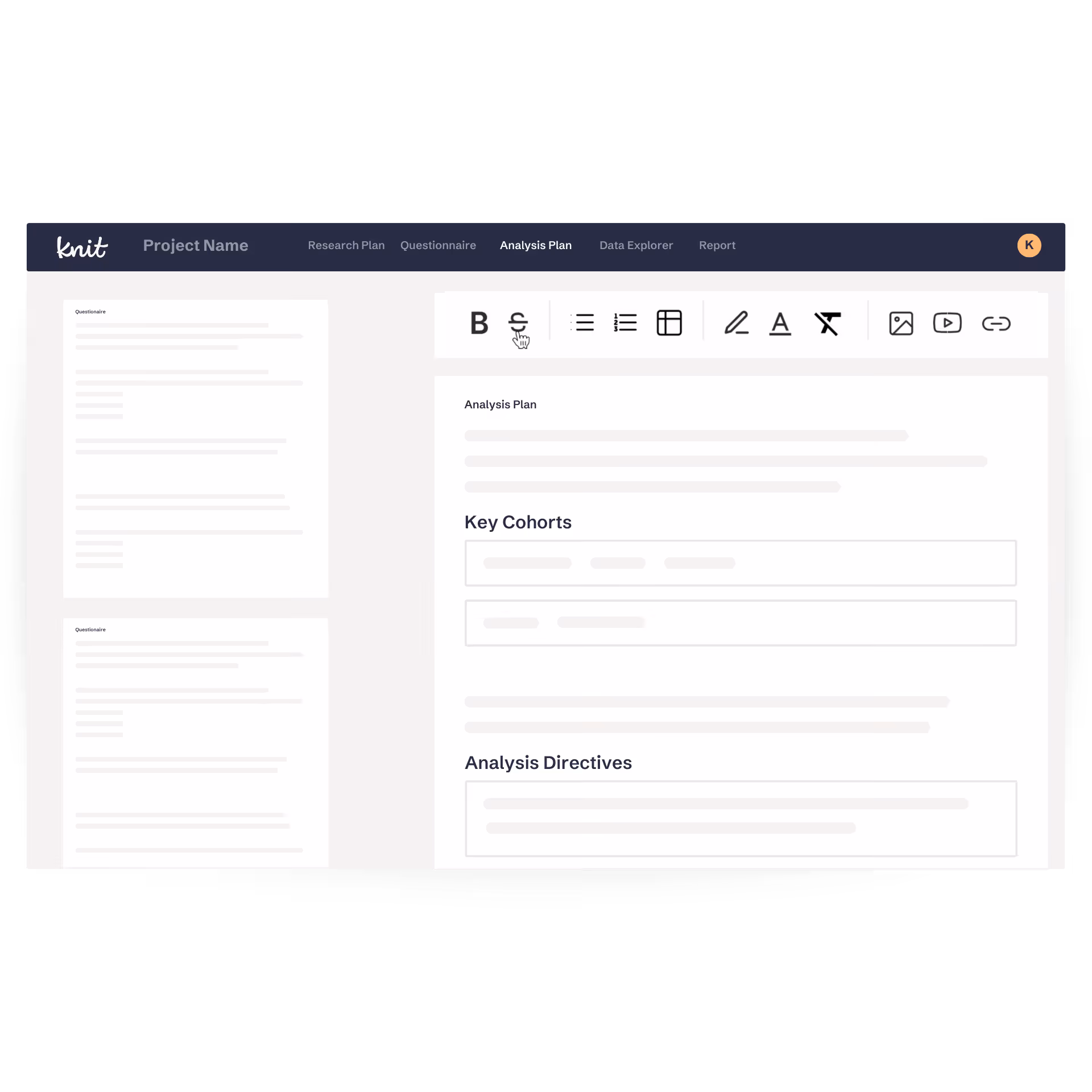 User interface of Knit software showing the Analysis Plan tab with sections for Key Cohorts and Analysis Directives and text editing toolbar.