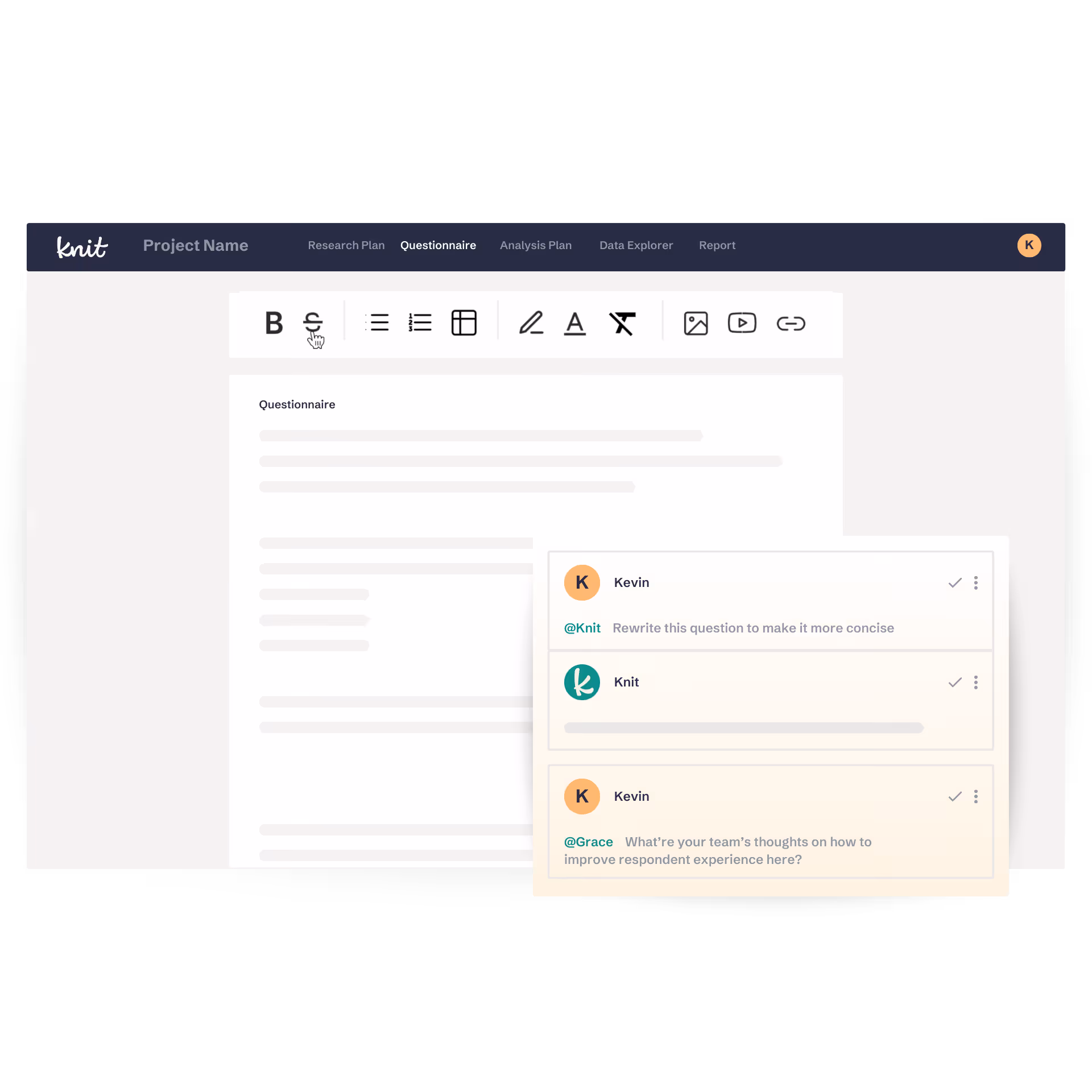 User interface of Knit software showing a questionnaire editor with formatting toolbar and a comment panel with collaborative feedback from users Kevin and Knit.