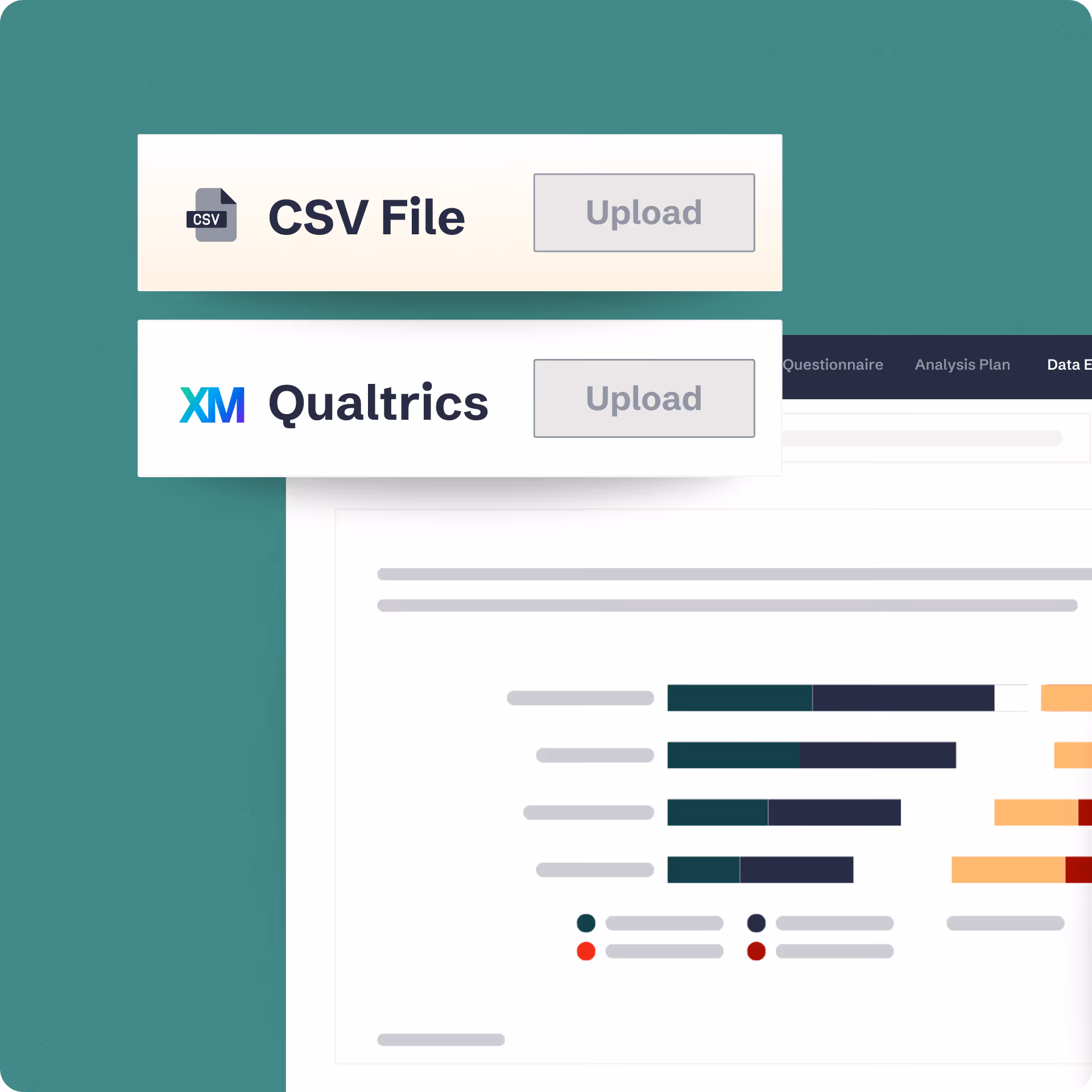 User interface with options to upload a CSV file or Qualtrics data, showing upload buttons and a blurred data analysis chart in the background.