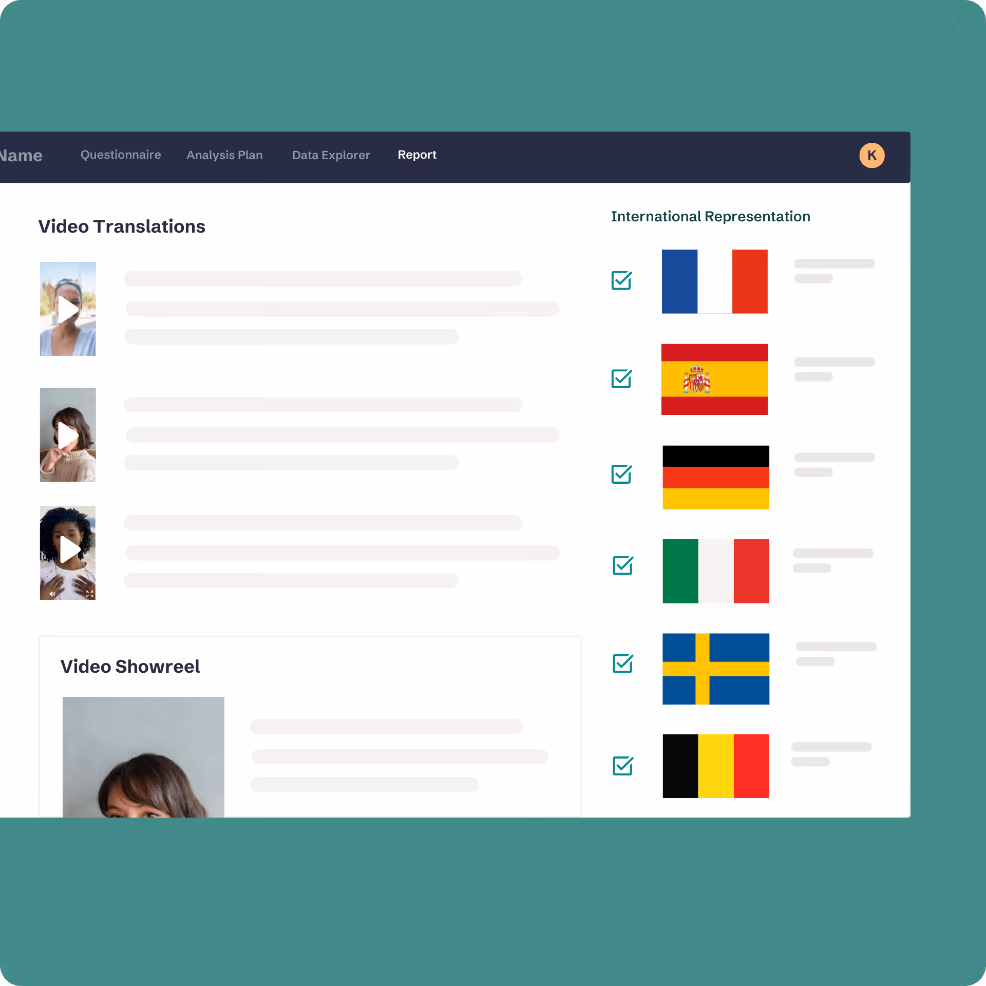 Dashboard screen showing video translations with thumbnails and play buttons, alongside international flags representing French, Spanish, German, Italian, Swedish, and Belgian languages.