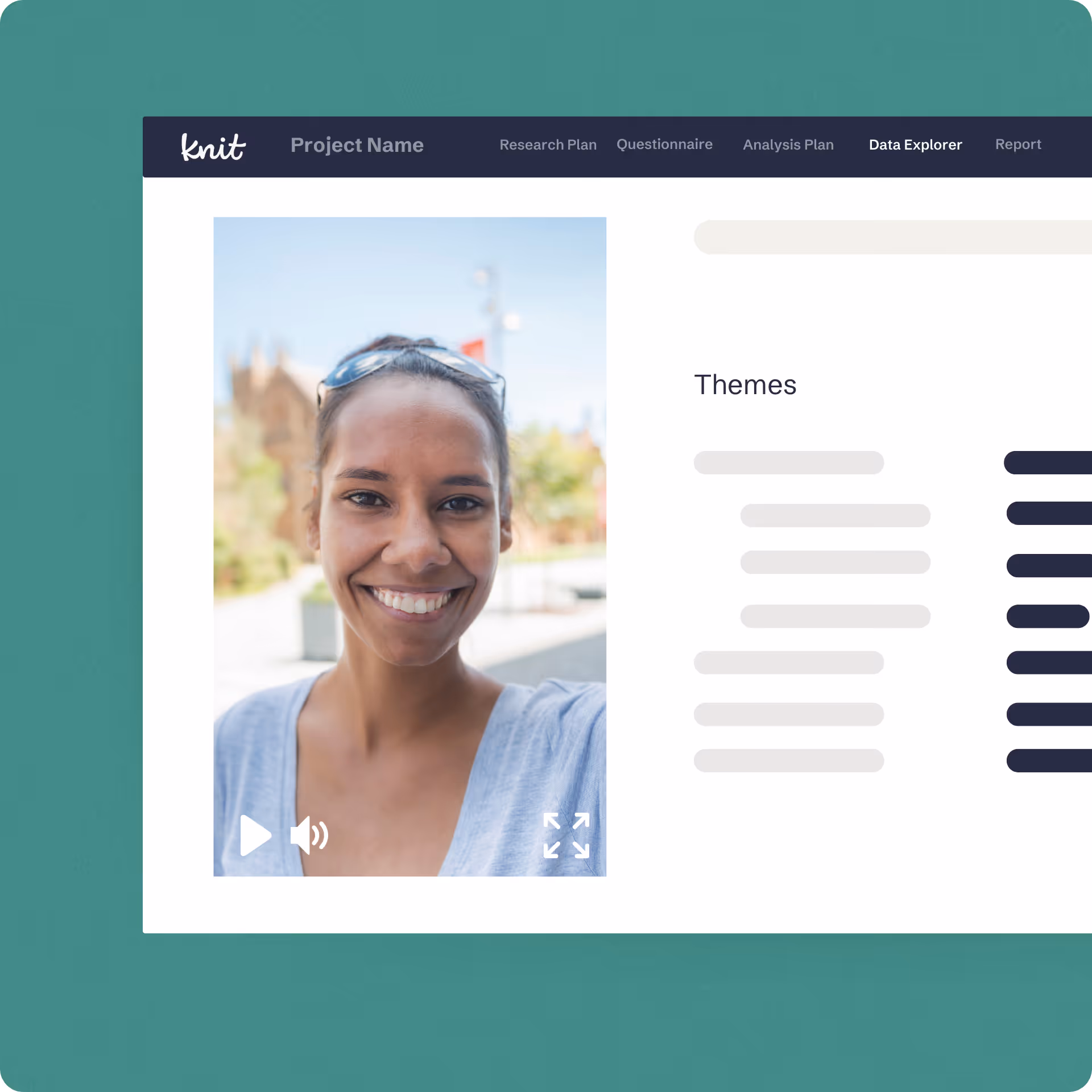 Screenshot of a data exploration interface showing a smiling woman in a video player alongside a list of themes with bars representing data.