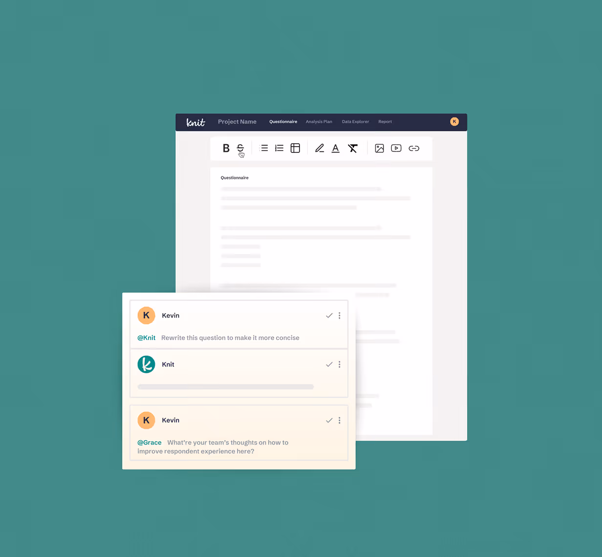 Screen showing a questionnaire editing interface with text formatting tools and a sidebar of messages between users Kevin and Knit discussing question clarity and respondent experience improvements.