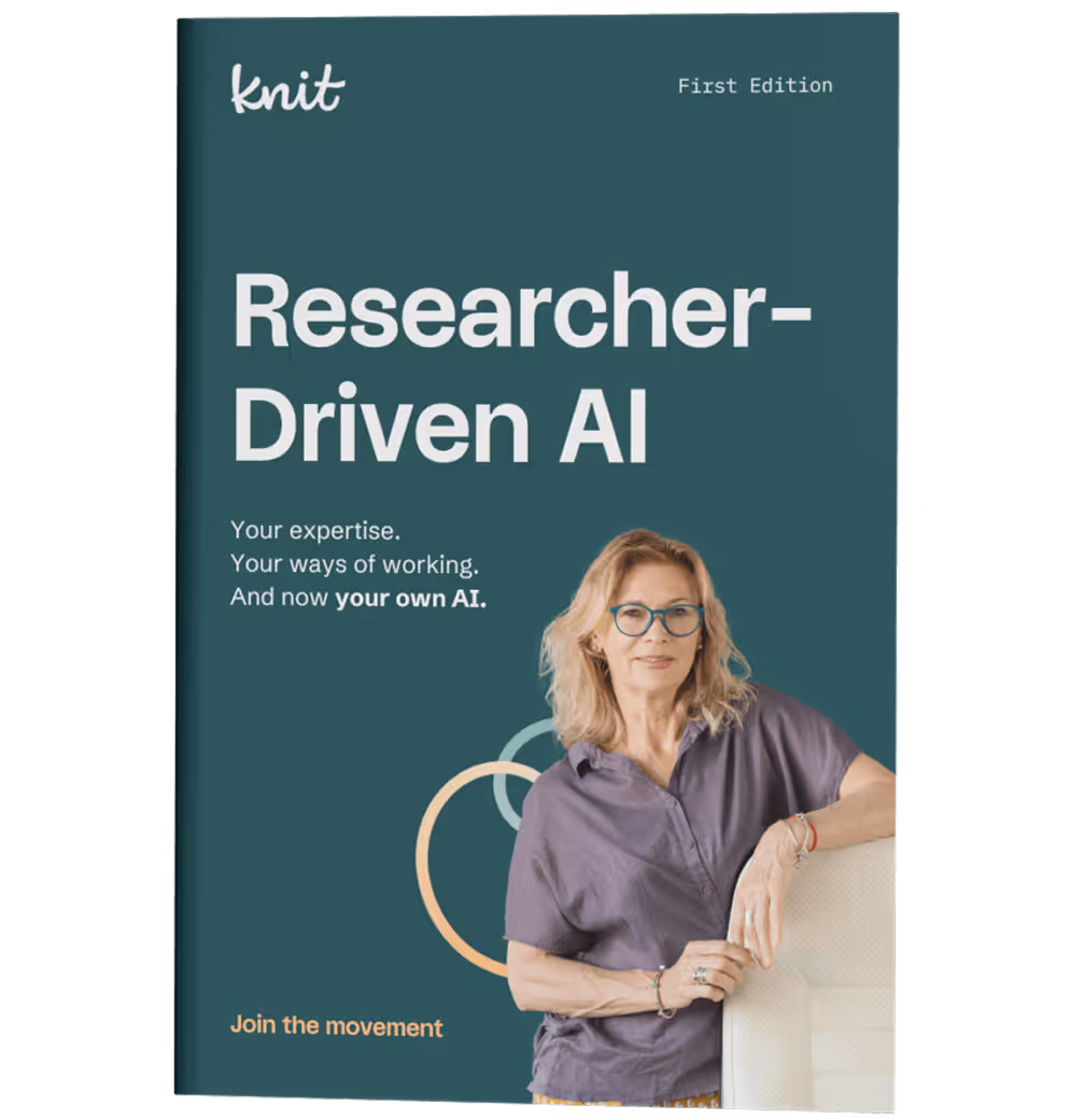 Book cover titled 'Researcher-Driven AI' featuring a woman with glasses leaning on a chair against a teal background.