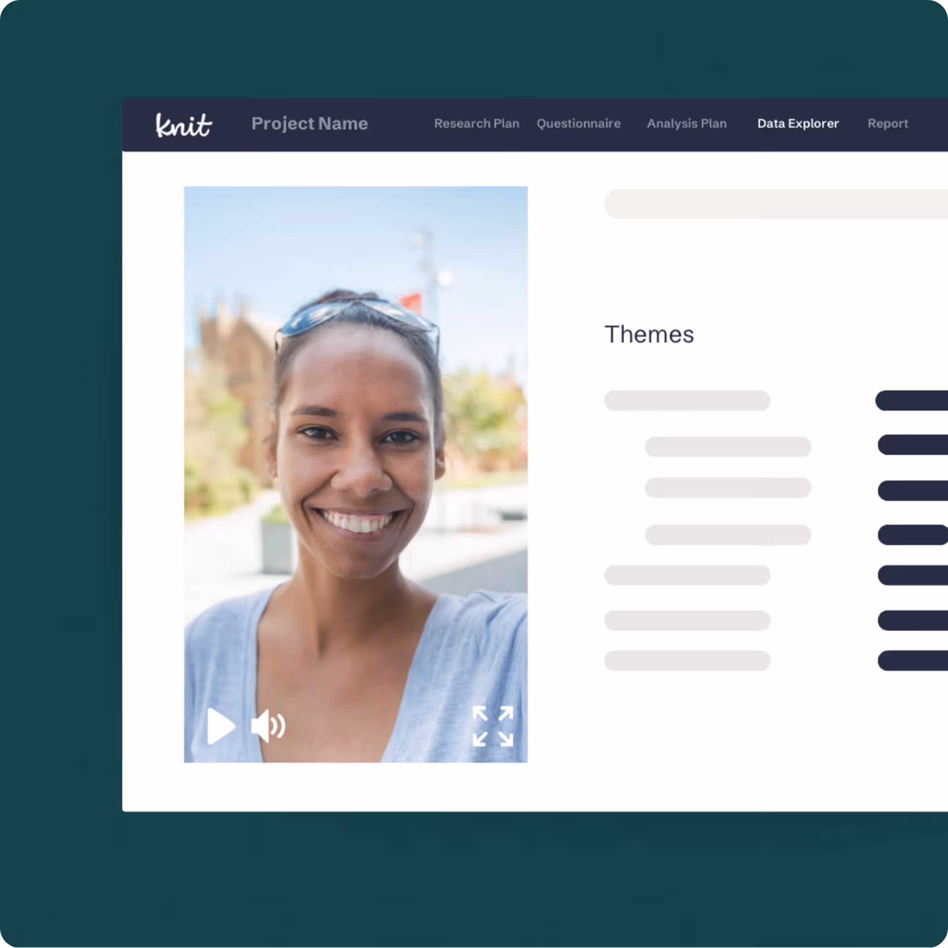 User interface of Knit software showing a smiling woman’s video on the left and a Themes data chart on the right.