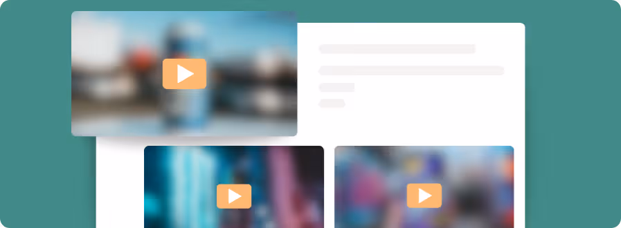 User interface design showing blurred video thumbnails with play buttons on a white card against a teal background.