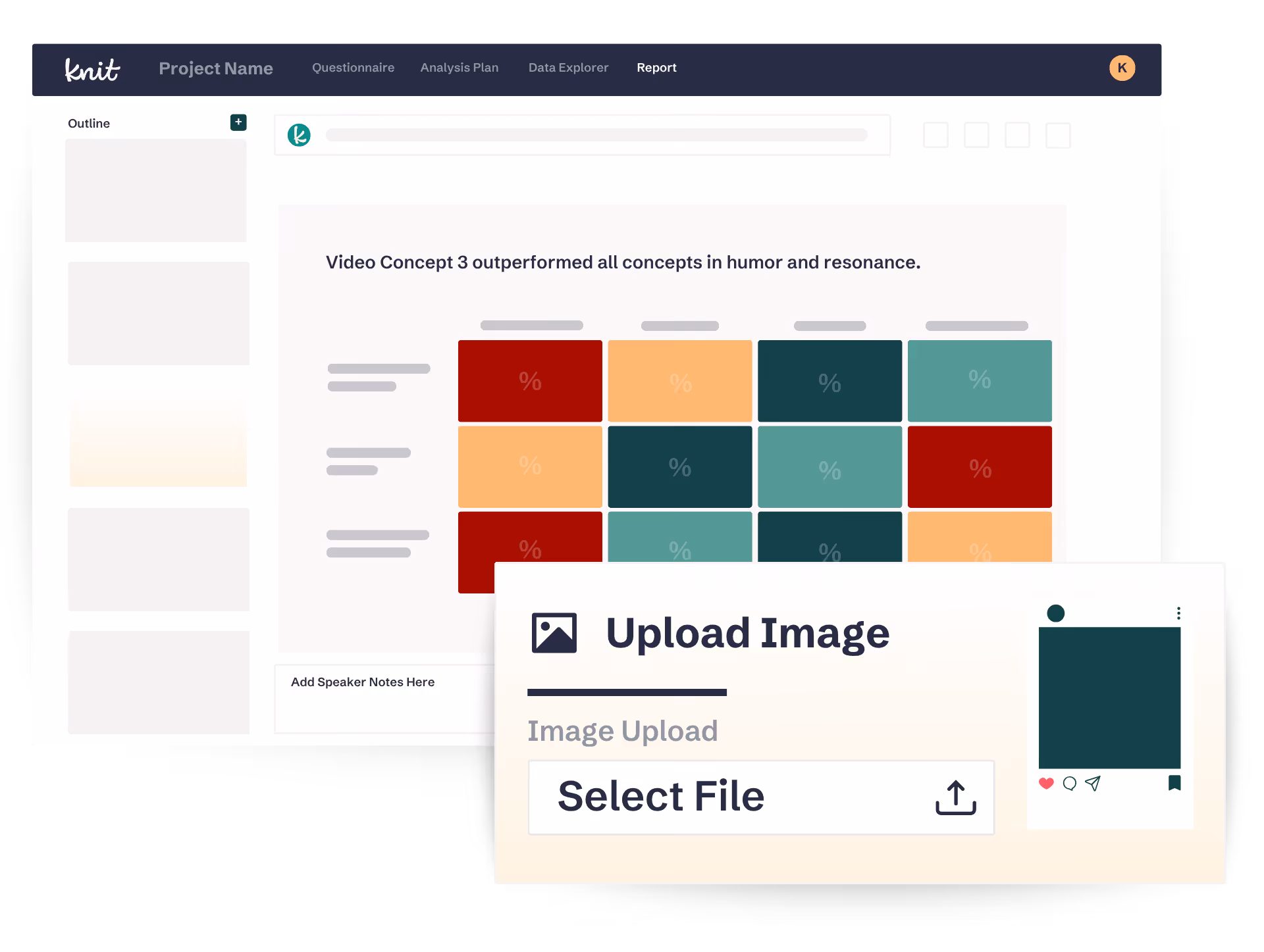 Dashboard screen of Knit software showing a report with a heatmap chart titled 'Video Concept 3 outperformed all concepts in humor and resonance' and an image upload panel with a Select File button.