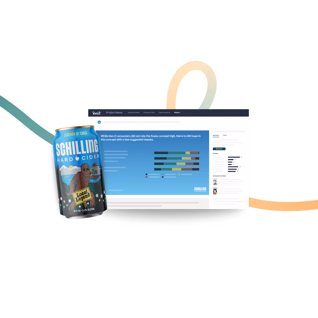 Blue can of Schilling Hard Cider with 'Local Legend' label next to a computer screen displaying a consumer insights report for Schilling Hard Cider.