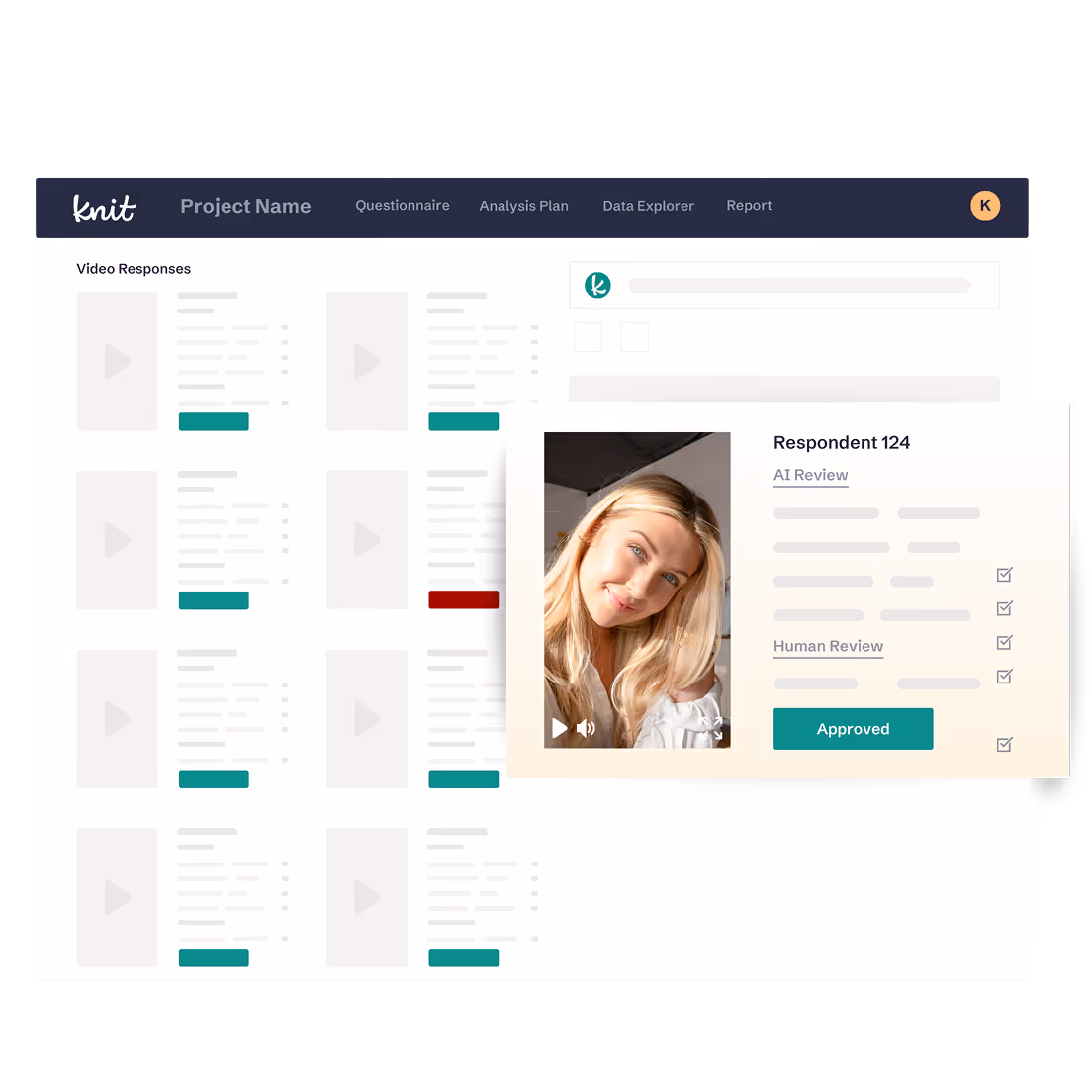 User interface of a project dashboard showing video responses with one highlighted video of a smiling blonde woman labeled Respondent 124, marked as Approved after AI and Human Reviews.