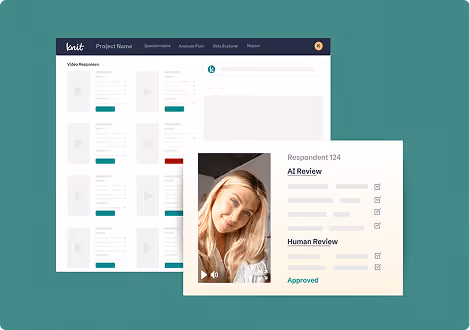 User interface showing video responses with a profile photo of a woman and review sections labeled AI Review and Human Review with checkmarks and an approval status.