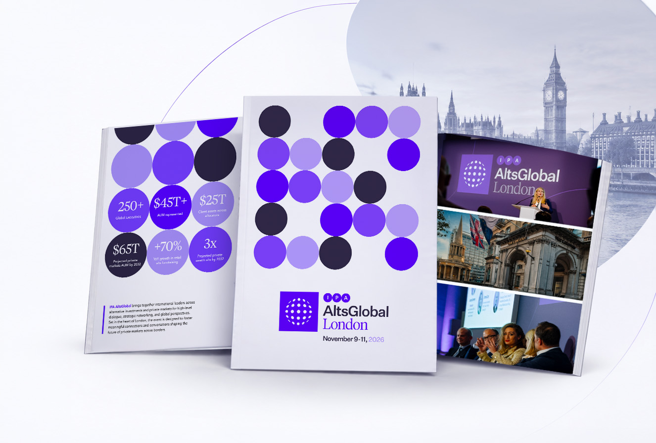 Pages from the IPA AltsGlobal London 2026 brochure, showing the cover, industry statistics and event photography.