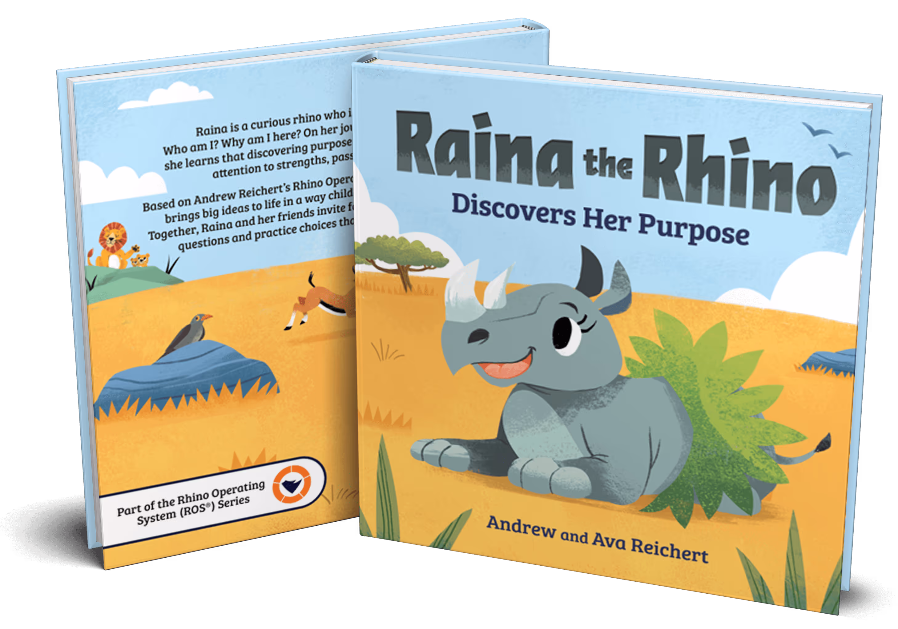 Children's book titled 'Raina the Rhino Discovers Her Purpose' by Andrew and Ava Reichert featuring a smiling cartoon rhino on the cover.