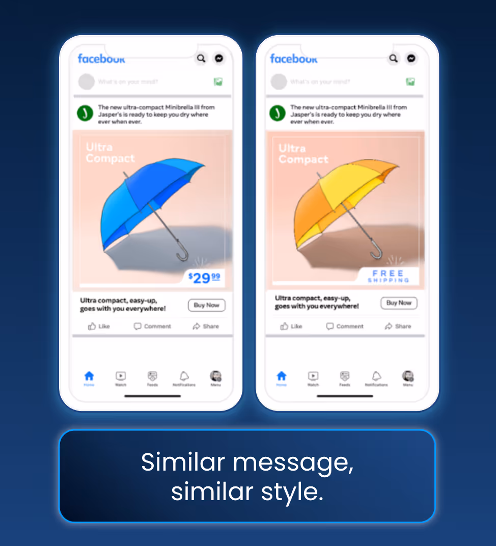 One ad has a blue umbrella and the other ad has a yellow umbrella, but both have the same style and messaging.