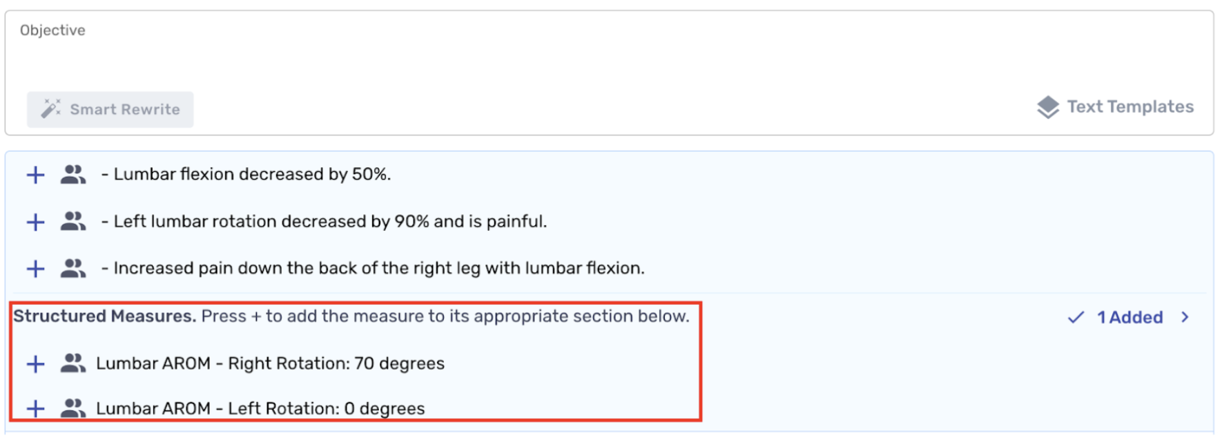 Adding Structured Measures generated from Sidekick directly into your Objective field text box in the Document tab of a visit's documentation in Prompt EMR
